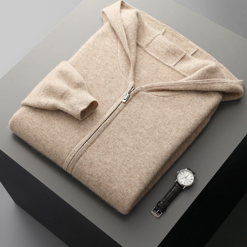 Fall Winter New Cashmere Zip-Up Hooded Sweater Set for Men, Thick Loose Knit Cardigan Jacket