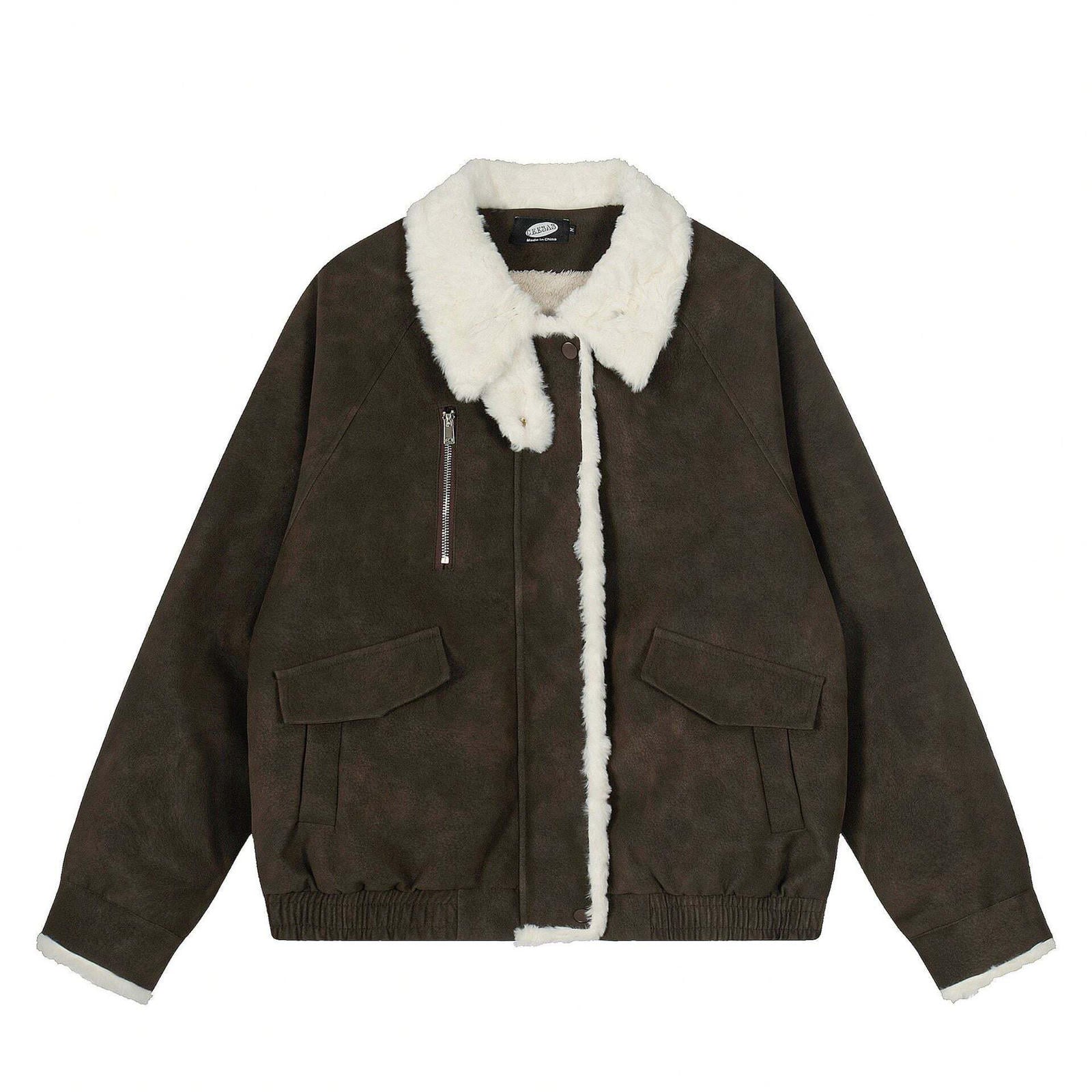 Solid Color Fleece Lined Cotton Coat with Fur Collar PU Jacket