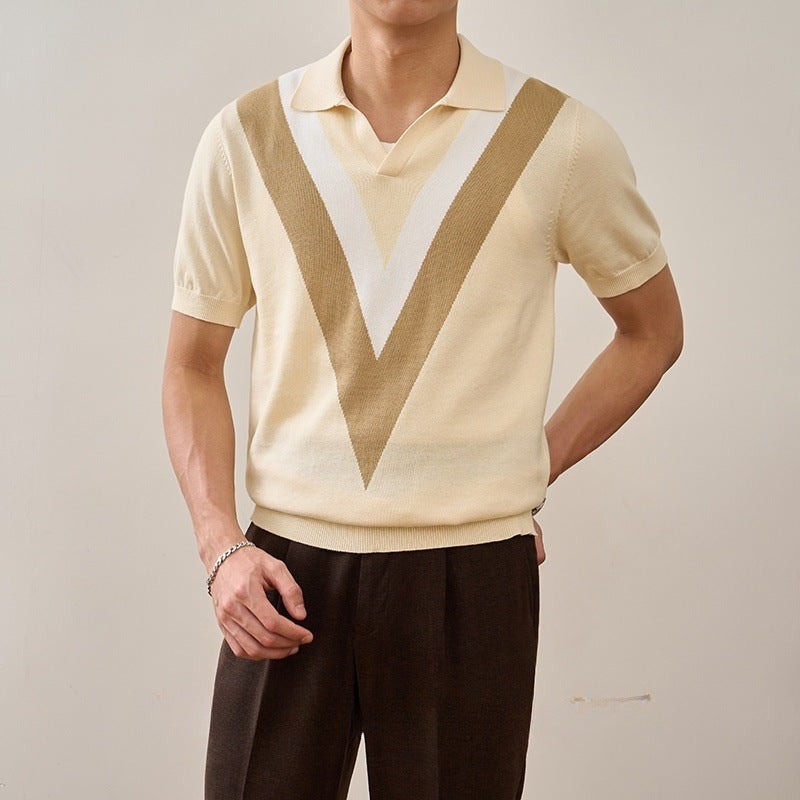 V-neck contrasting splicing knitted polo shirt