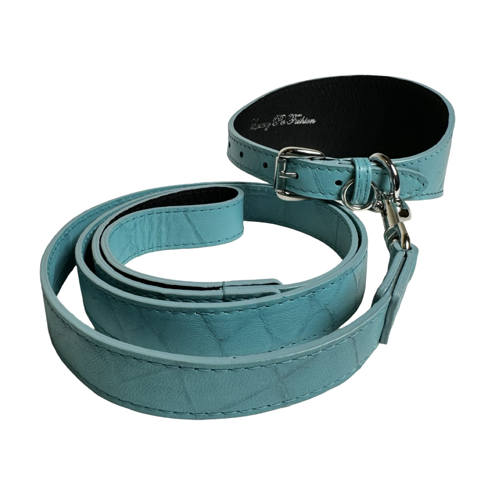The Tiffany Collection. Gorgeous Turquoise Blue Embossed Croc Italian Leather 3” Wide Style Collar, With Silver Hardware