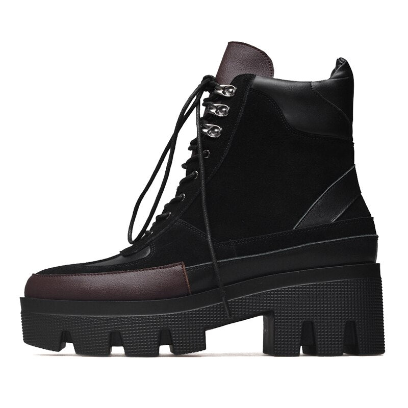 Winter Cow Leather Lace-up Women Chunky Platform Genuine Leather Ankle Boots Spring Autumn Real Leather Short Boots