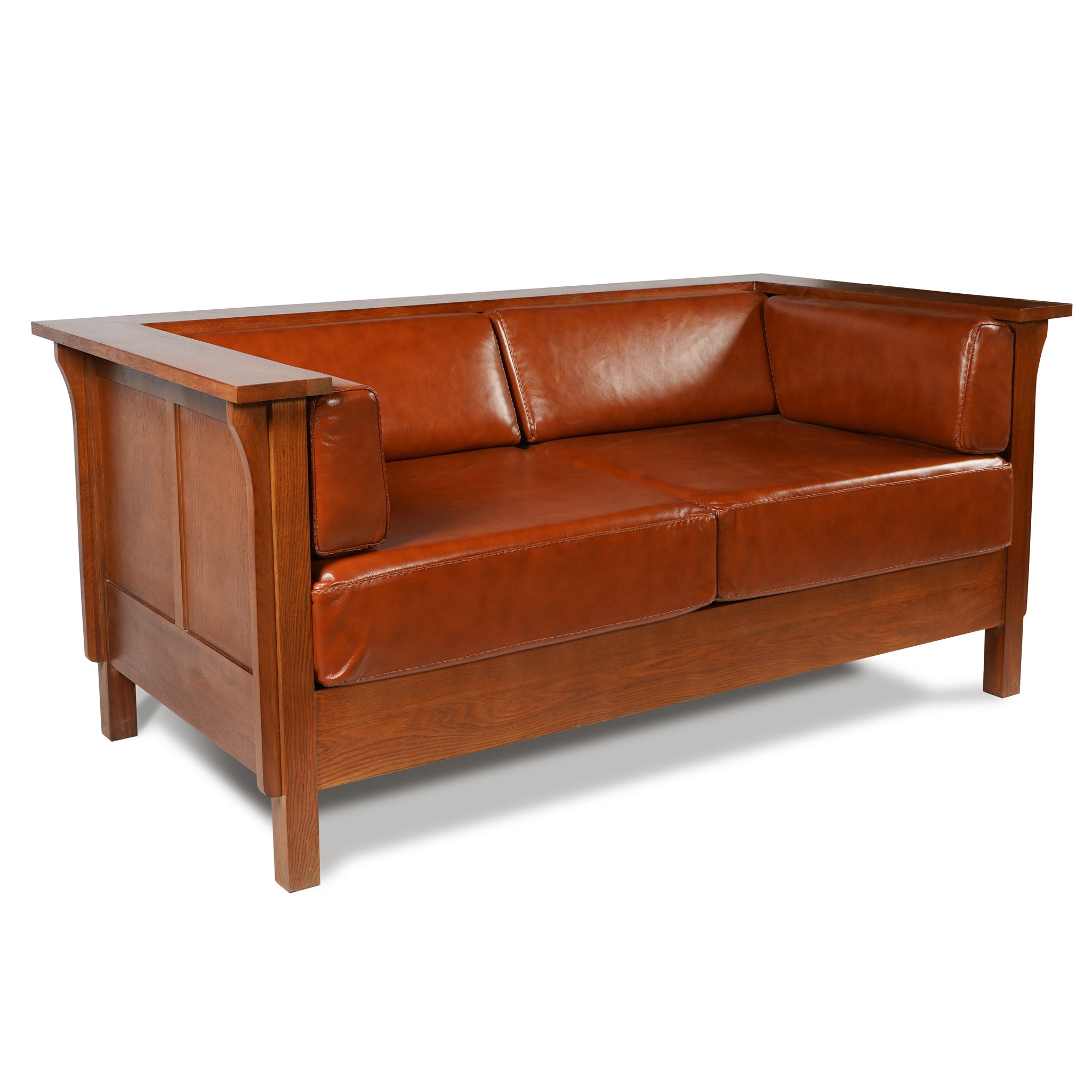 Craftsman Cubic Panel Side Love Seat - Russet Brown Leather