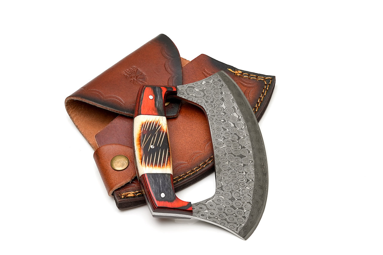Hand-Forged Damascus Ulu Knife with Leather Sheath - TK-458