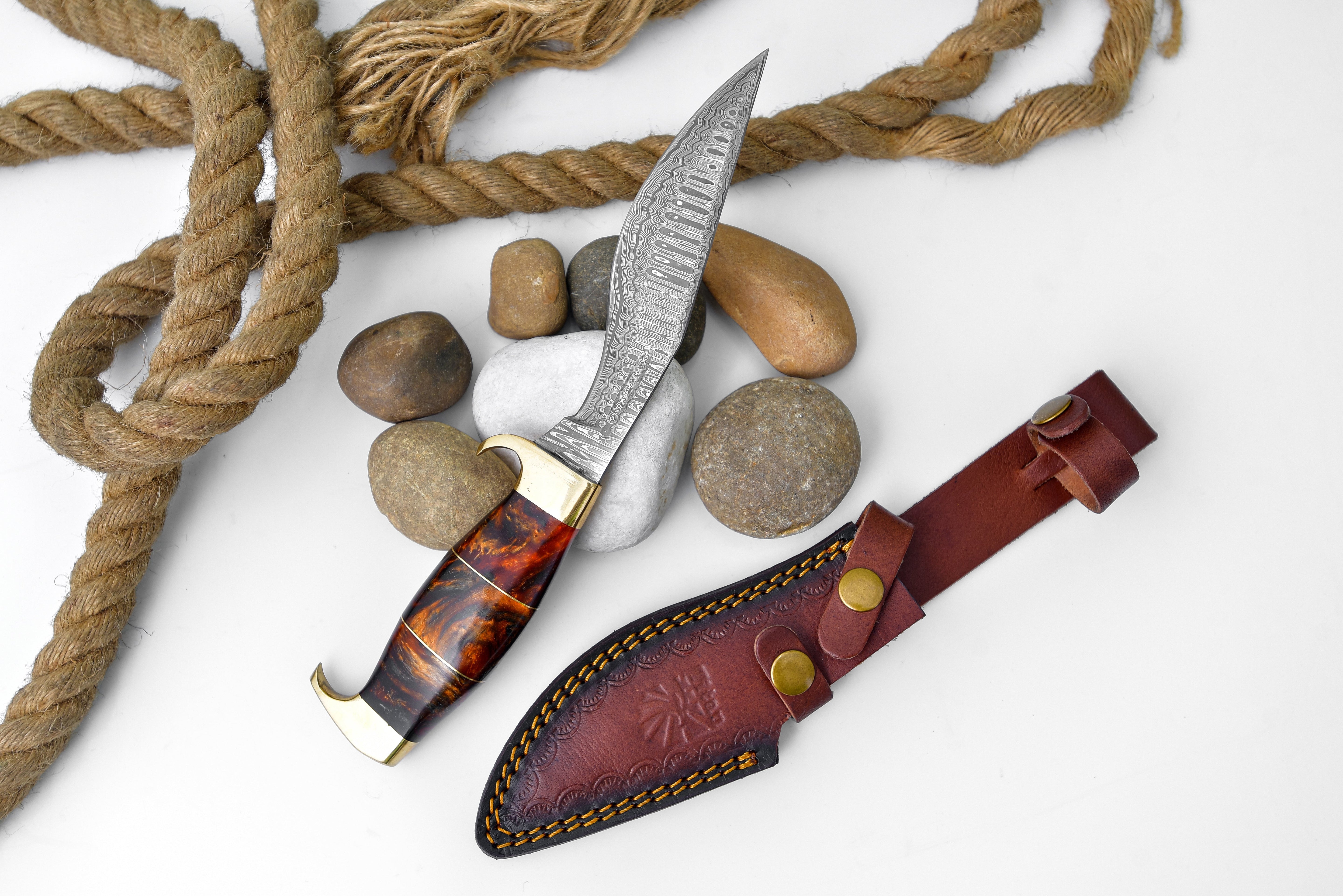 Damascus Steel 'Galaxy' Outdoor Chopping Tool | Orange Resin & Brass Handle TK-206