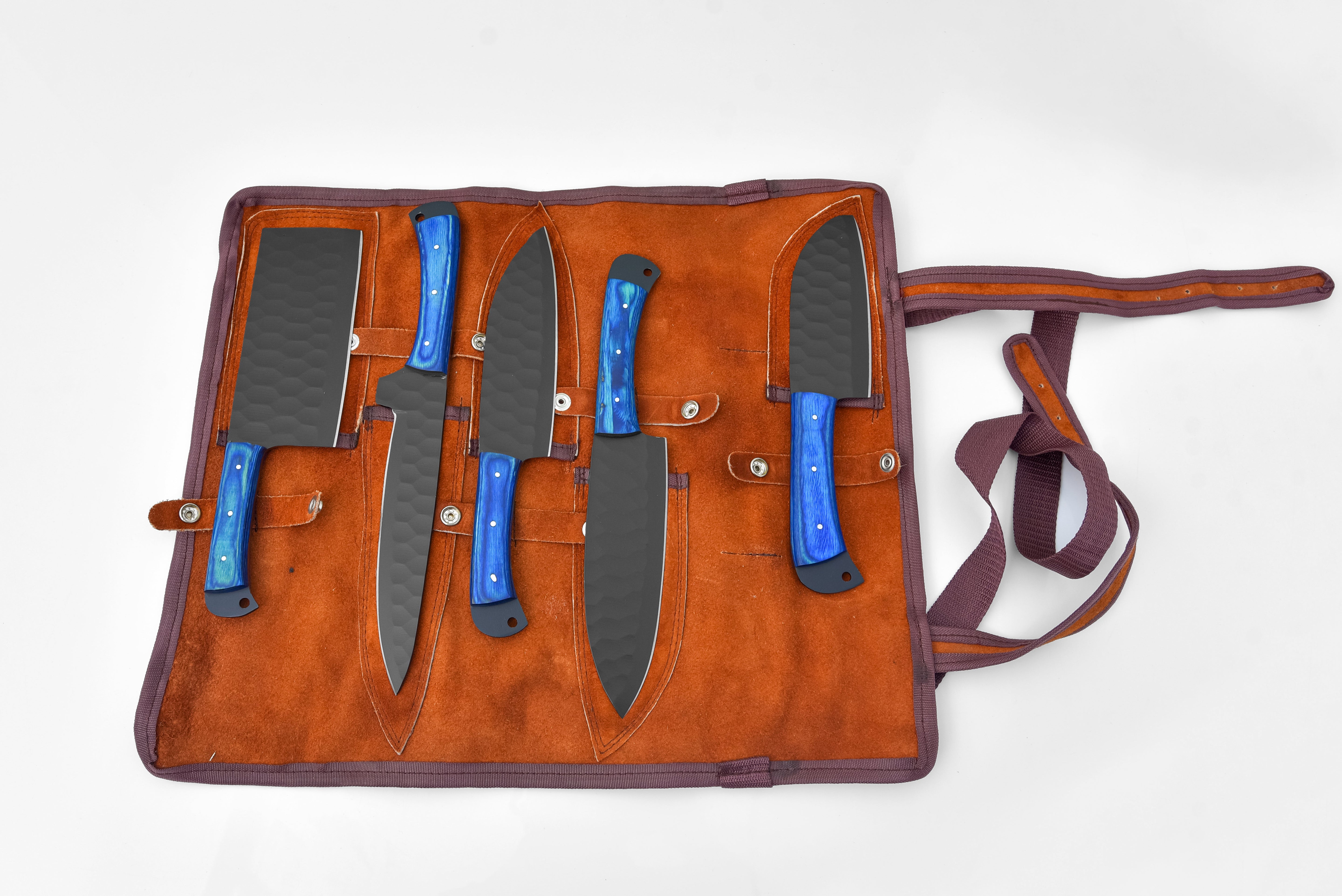 5-Piece  Knife Set / With Leather carry Bag Blue (Cheff Set Carbon 02)