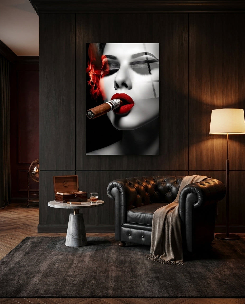 Red Smoke Closed Eyes Cigar Woman Glass Wall Art