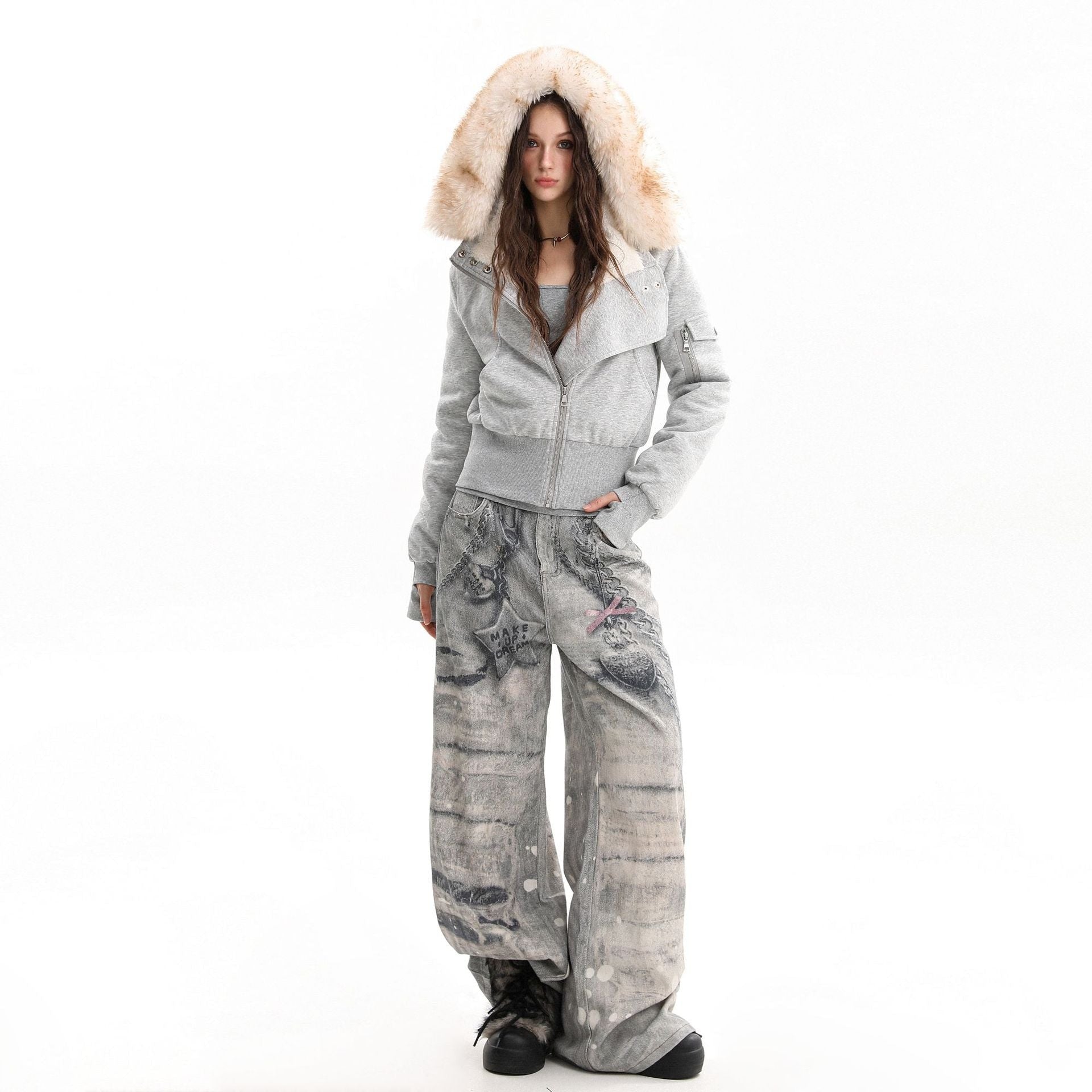 Warm fleece lined cotton jacket with fur collar and sweatshirt jacket