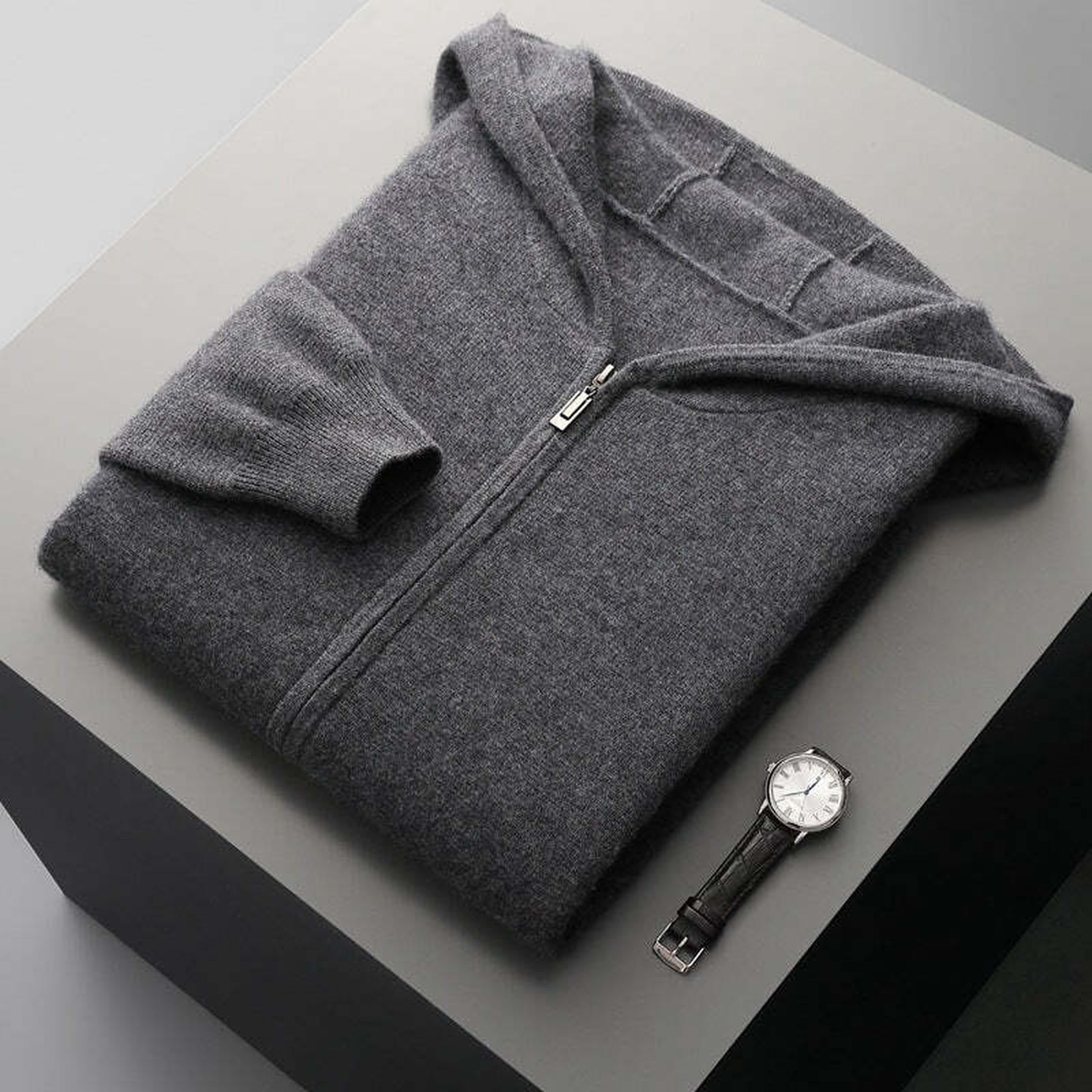 Fall Winter New Cashmere Zip-Up Hooded Sweater Set for Men, Thick Loose Knit Cardigan Jacket
