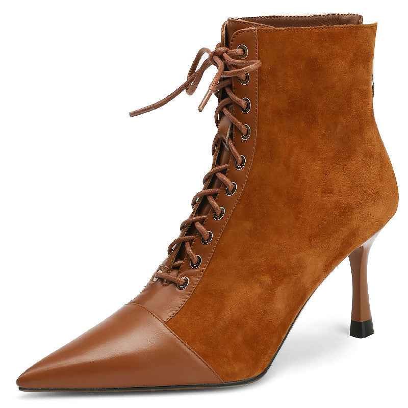 Mature Elegant Women Ankle Boots Pointed Toe Thin High Heels Female Office Genuine Leather Cross-Tied Shoes Woman