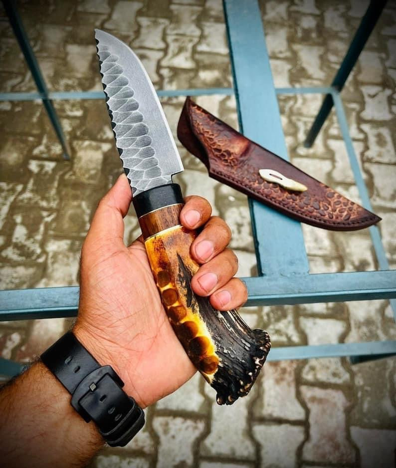 Custom Handmade J2 Steel Hand-Forged Bowie Knife with Stag Horn Handle - 14”