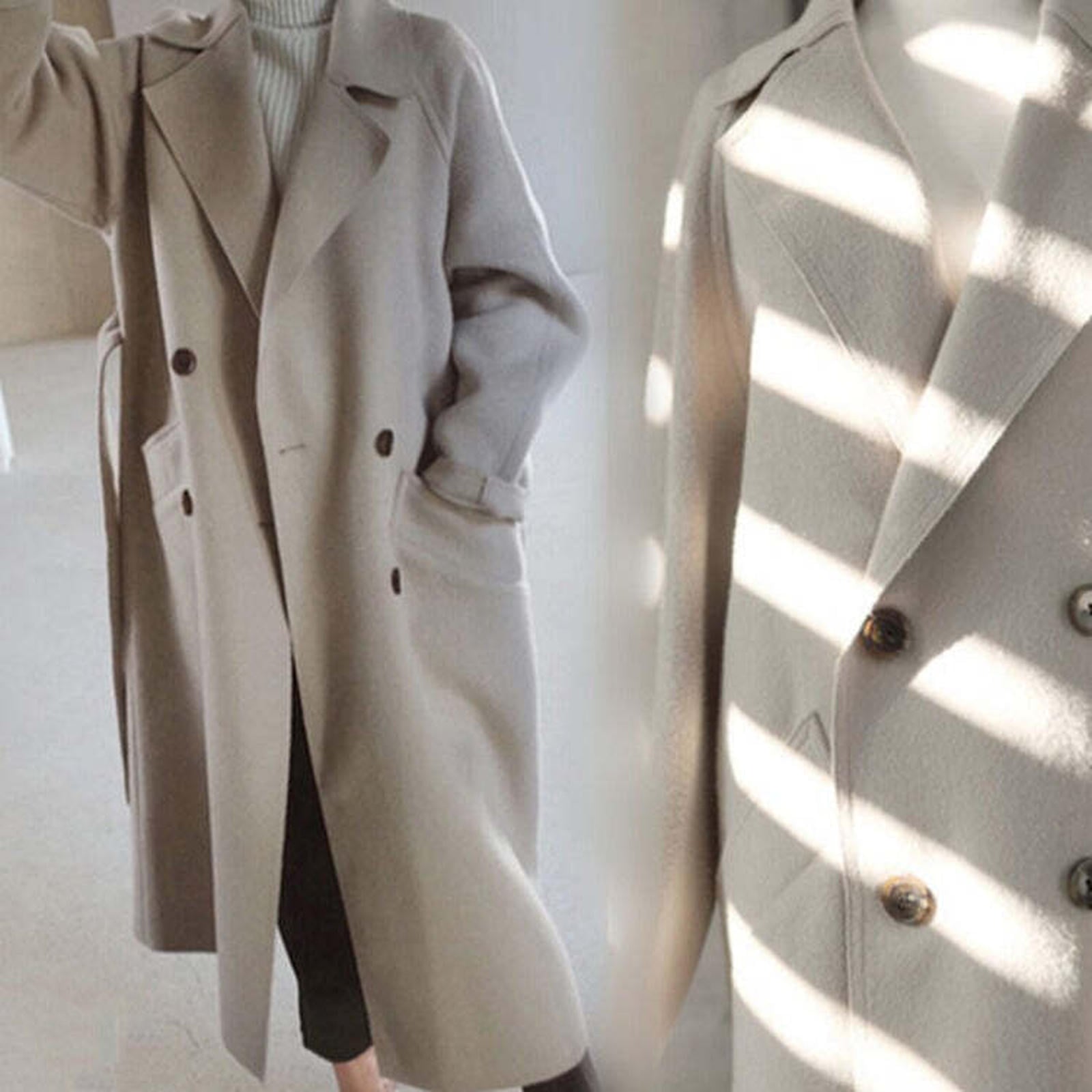 New medium length loose cashmere woolen coat for women's Hepburn style knee length woolen coat