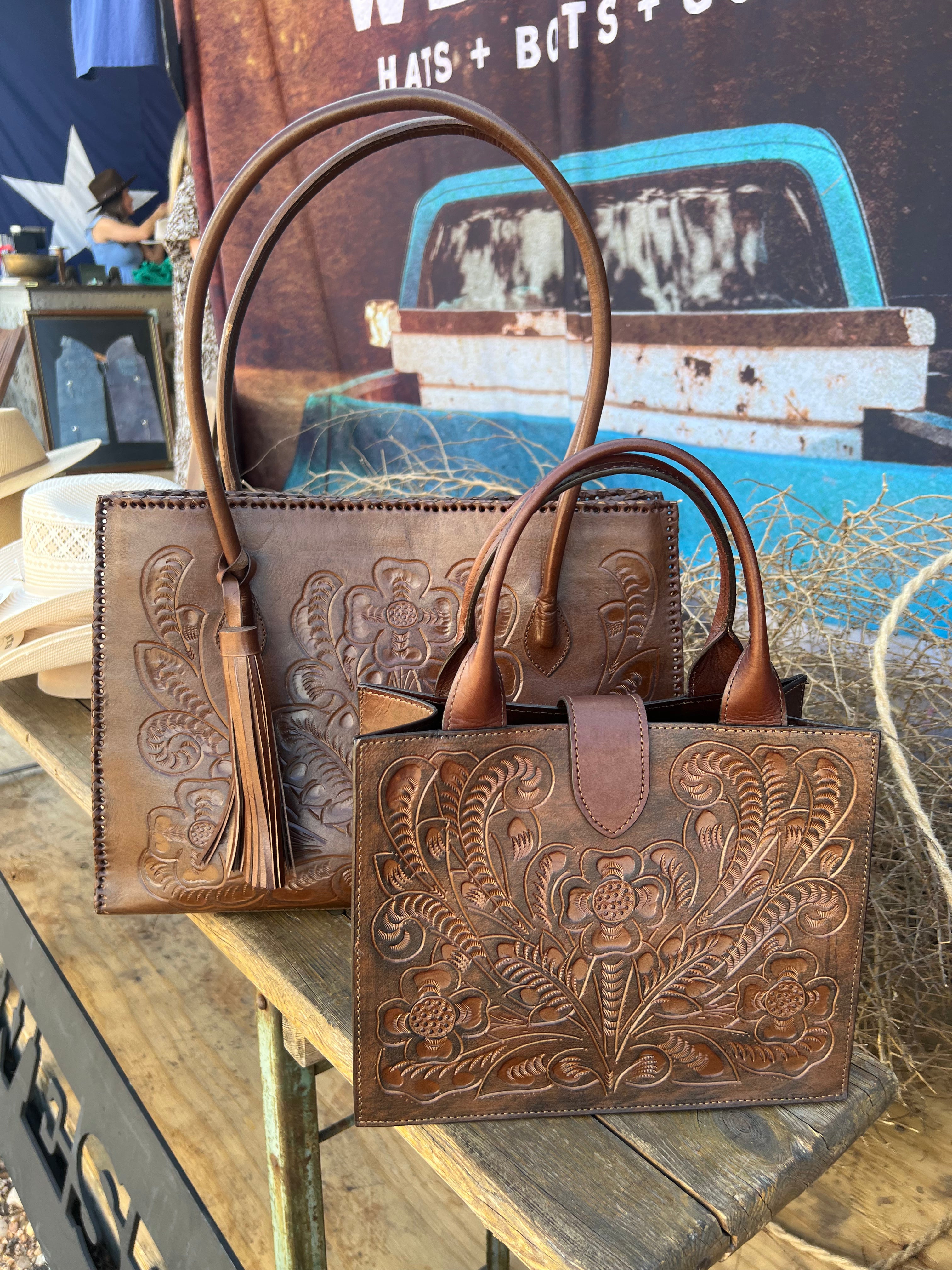 The Amy| Hand-Tooled Leather Tote Bag