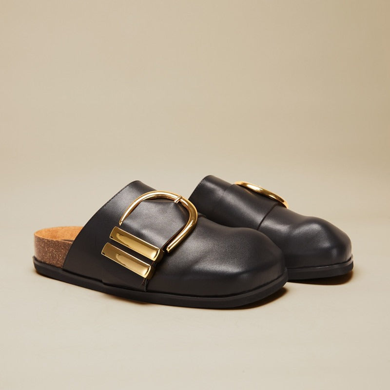 Baotou half drag cowhide large metal buckle, wearing genuine leather Boken slippers for women