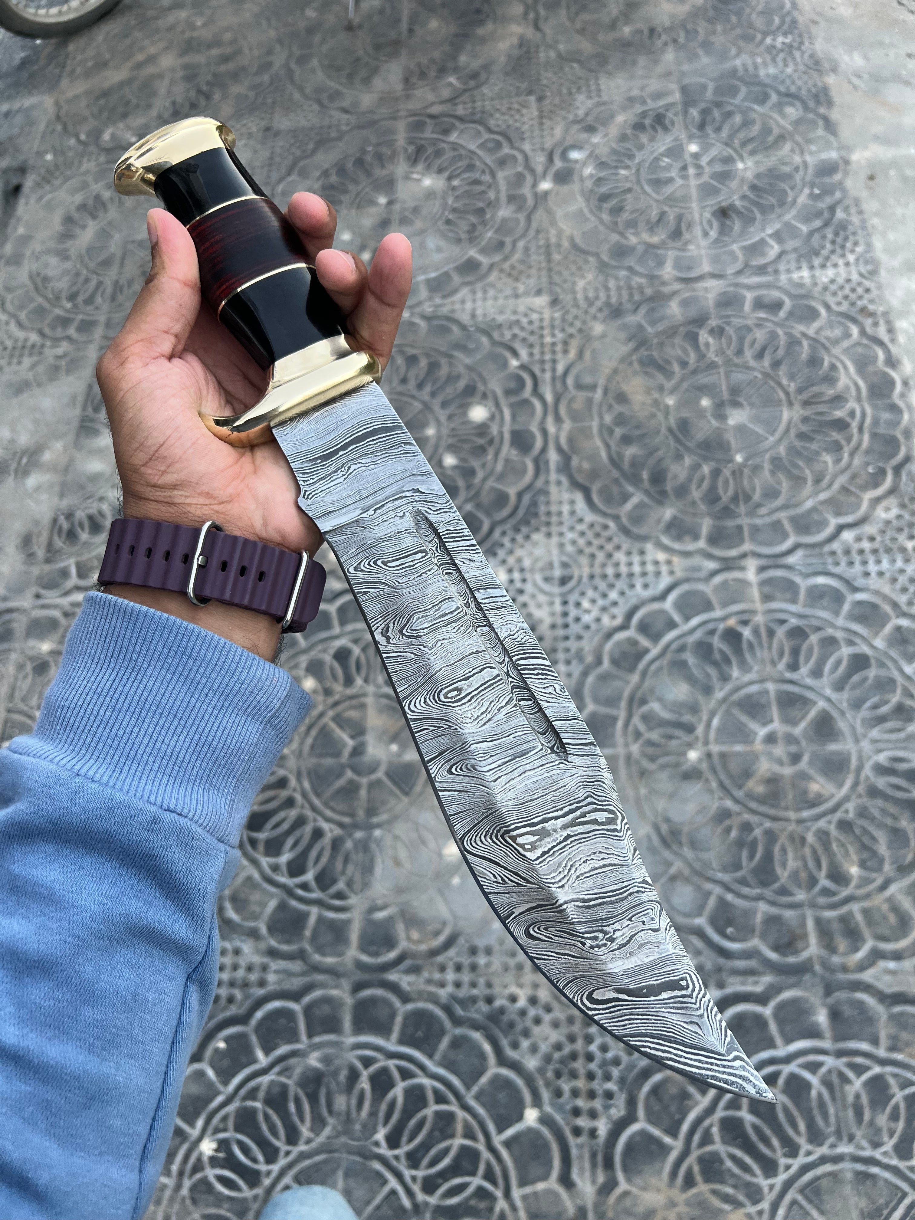 Custom Handmade Damascus Steel Heavy Duty Crocodile Dundee Hunting Bowie Knife - 16" Overall Length