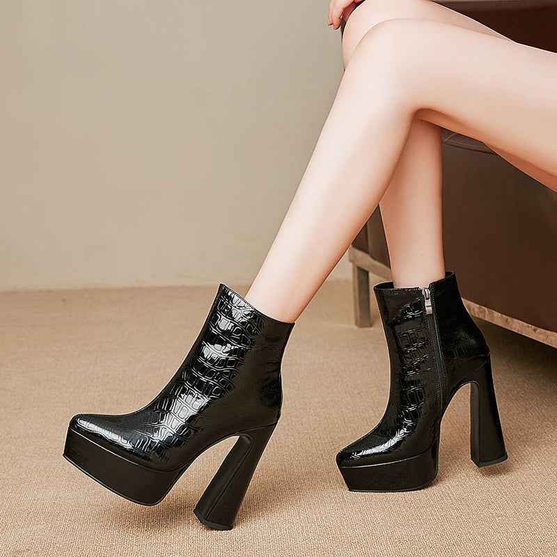 New Brand Women's Shoes Sexy High Heels Thick Platform Black Blue Genuine Patent Leather Dress Party Working Short Boots