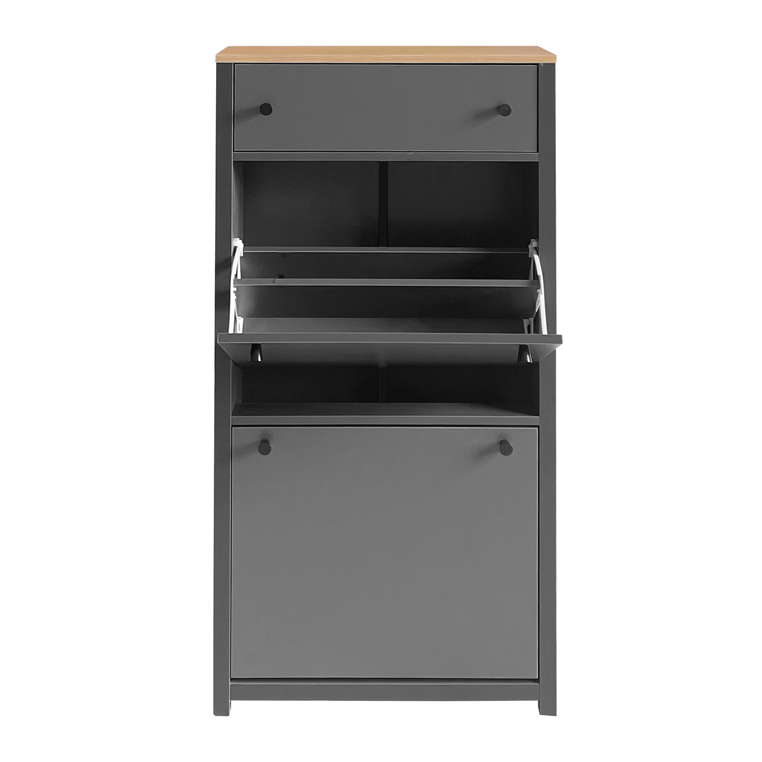 ONTREND functional with 2 flipped drawers, top shoe cabinet with adjustable panel, independent shoe rack, gray