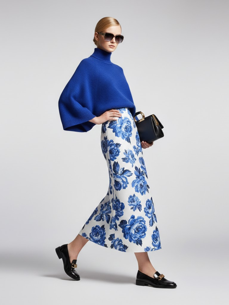 Electric Blue Relaxed-Fit Knit Sweater with Perkins Collar • BYMANYC ® New York