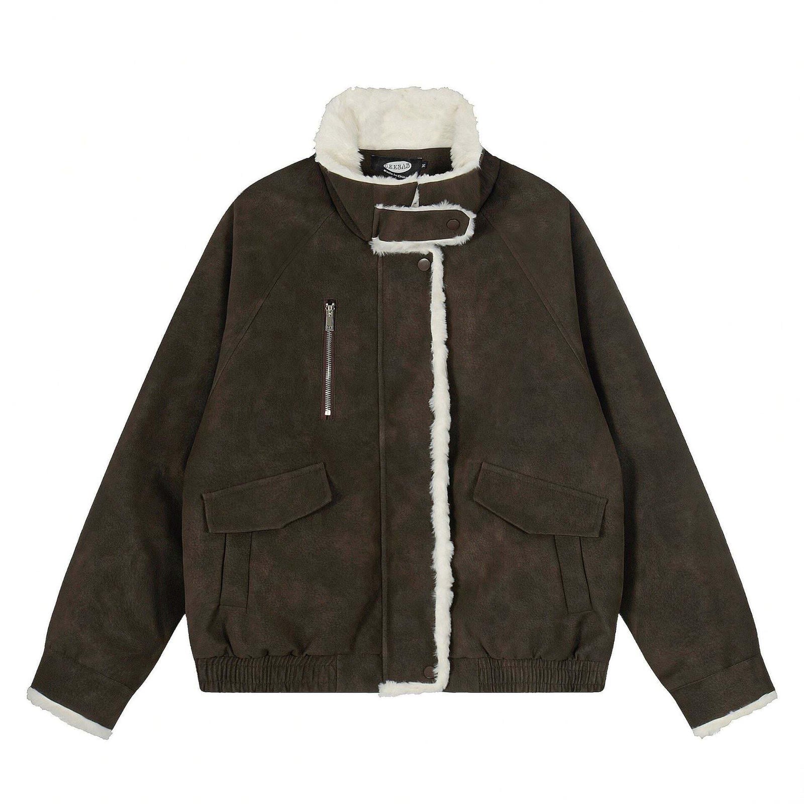 Solid Color Fleece Lined Cotton Coat with Fur Collar PU Jacket