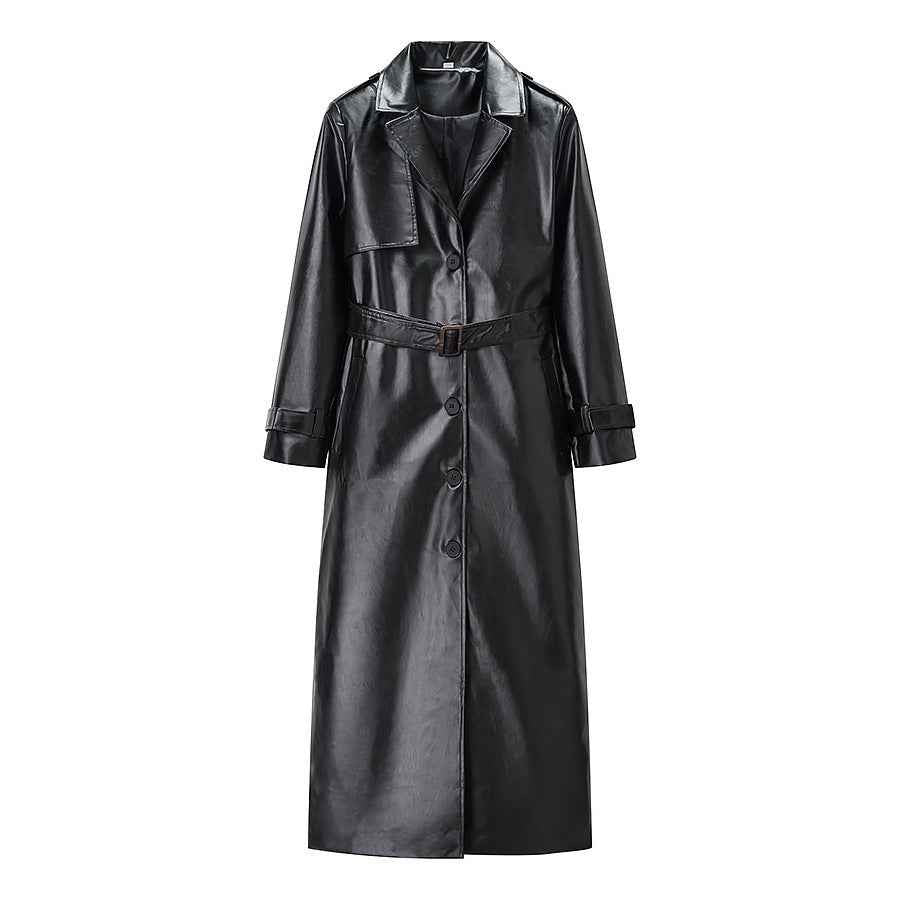 Imitation leather long windbreaker