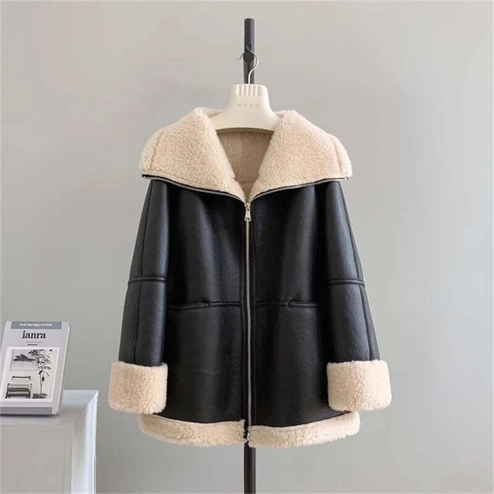 Autumn and winter New women's Cashmere collar composite leather jacket y2k high Quality ComfortableWarm Casual HighCollar Jacket
