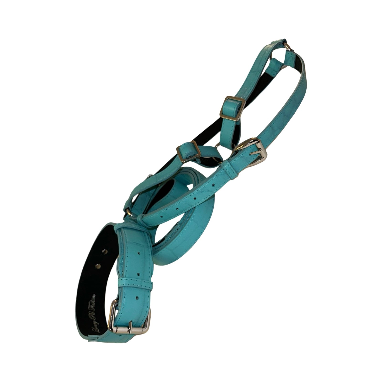 The Tiffany Collection. Gorgeous Turquoise Blue Embossed Croc Italian Leather Collar, Leash & Harness Set, With Our Classic Hardware