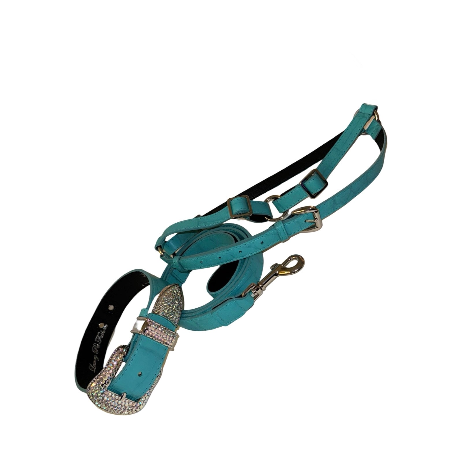 The Tiffany Collection. Gorgeous Turquoise Blue Embossed Croc Italian Leather Collar, Leash & Harness Set, With Our Custom Swarovski Crystal Hardware