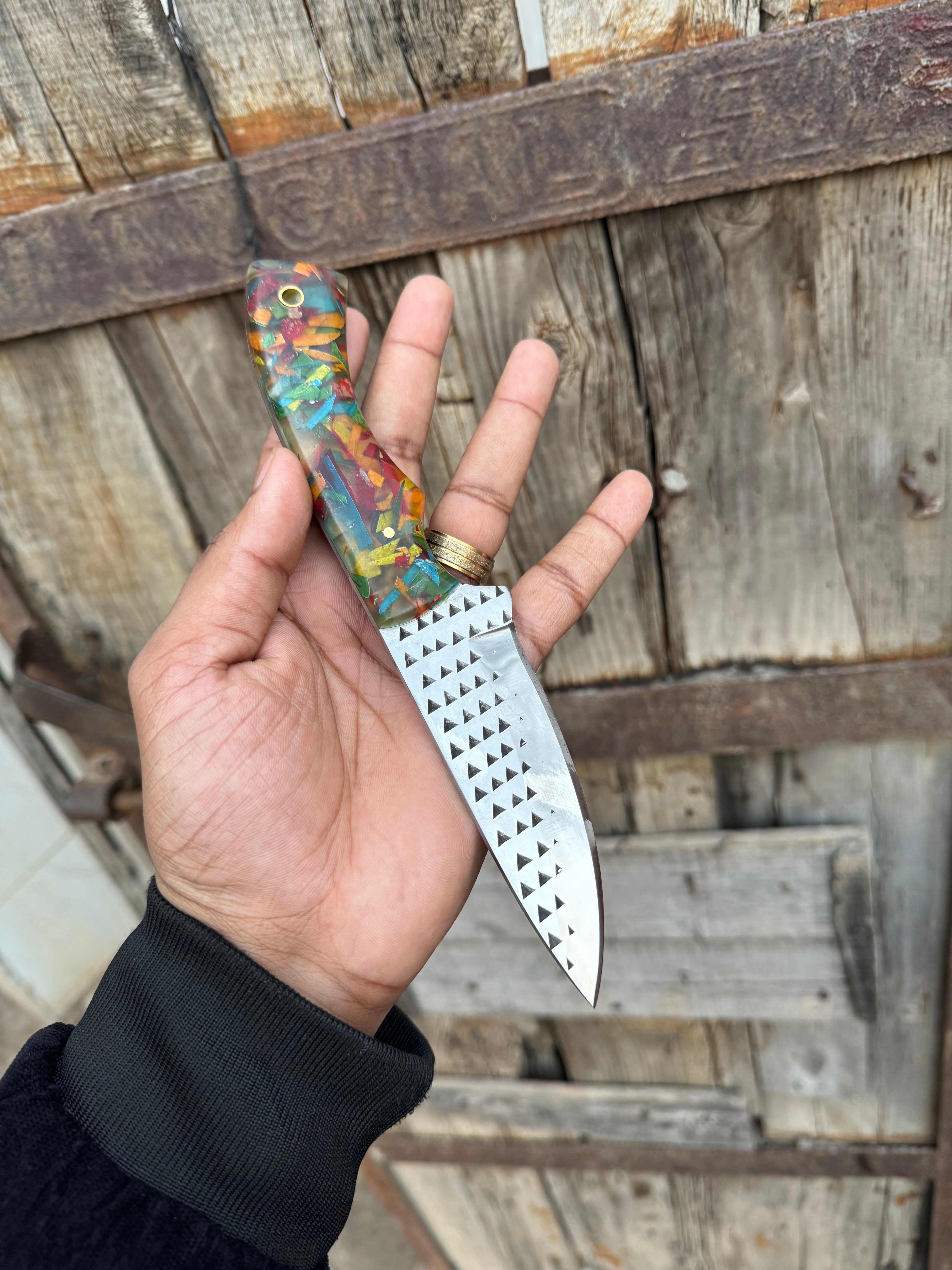 Custom Handmade Fixed Blade Cowboy Knife – Rasp Tool Steel Blade with Resin Handle & Leather Sheath