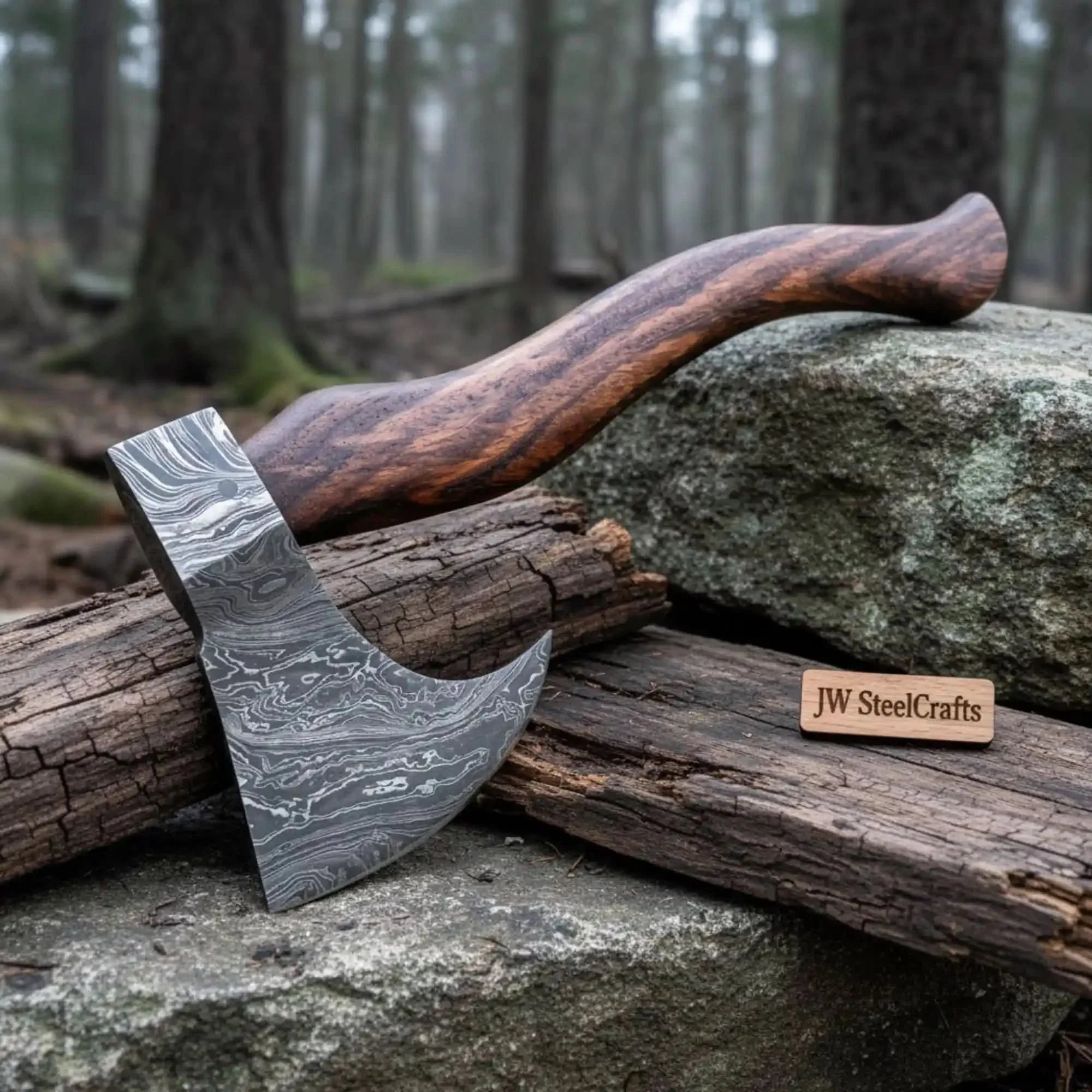 Damascus Bearded Chopping Axe with Curved Rosewood Handle