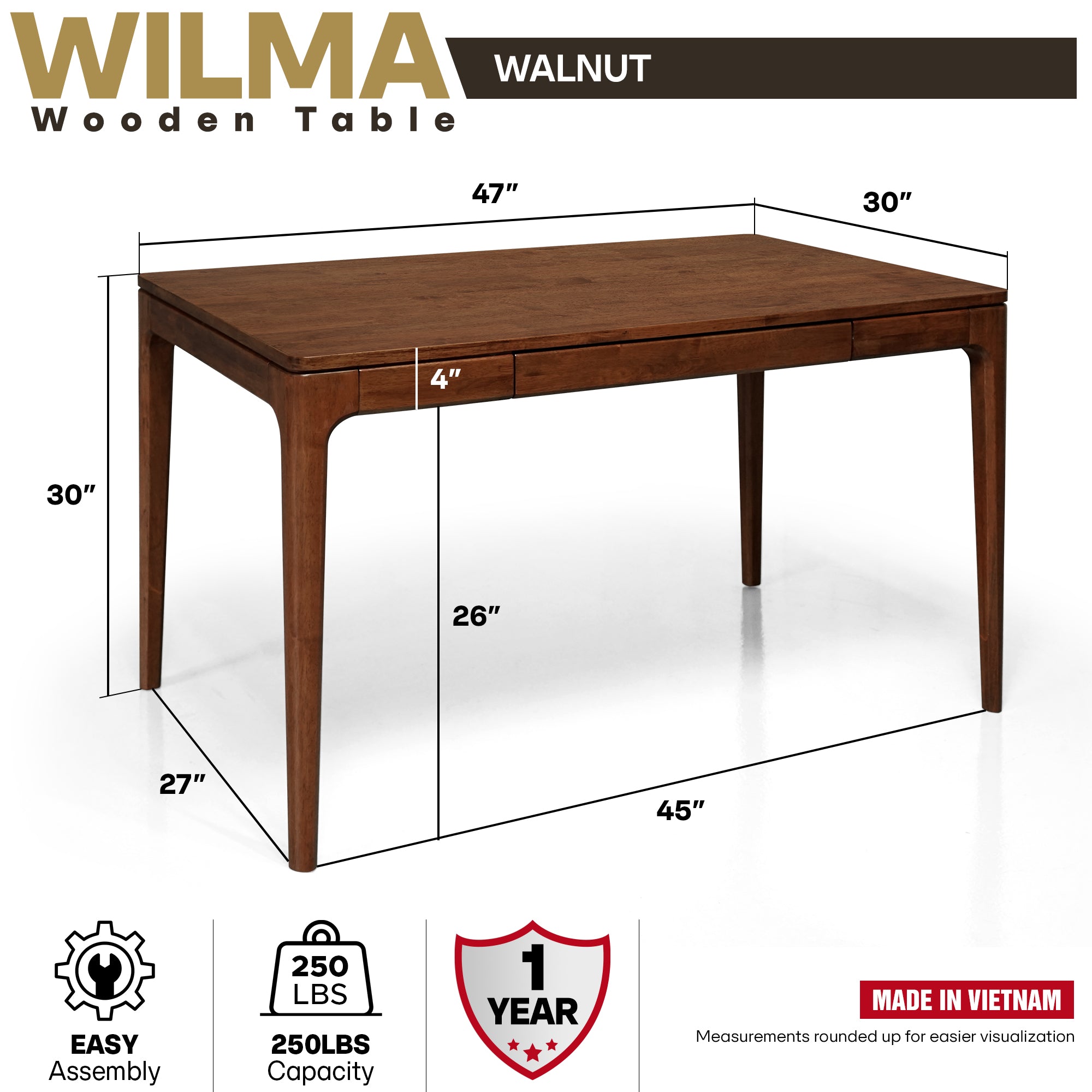Wilma 48 Inches Rubber Wood Desk