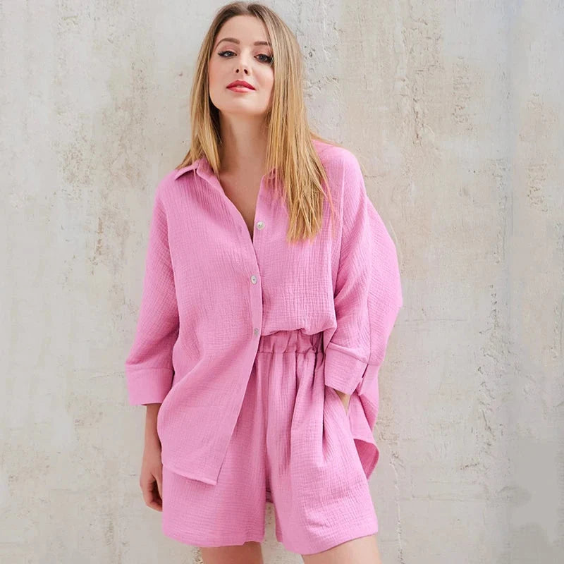 Women's Cotton Pajama Set Casual Collar Sleepwear Suit