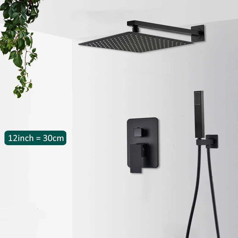 Matte Black Concealed In-Wall Rainfall Shower System with Tub Spout - Wall-Mount Mixer Faucet Set