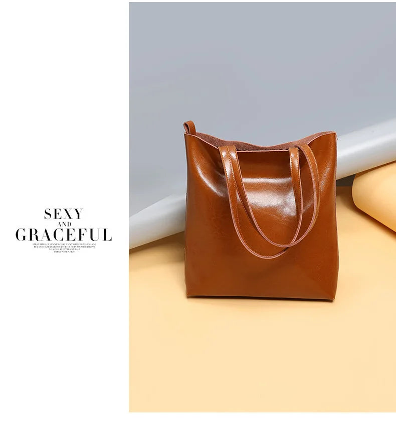 Real Genuine Leather Women's Shoulder Bags | Large Capacity Female Fashion Office Retro Handbag (Cow Leather, Big Bags for Women)