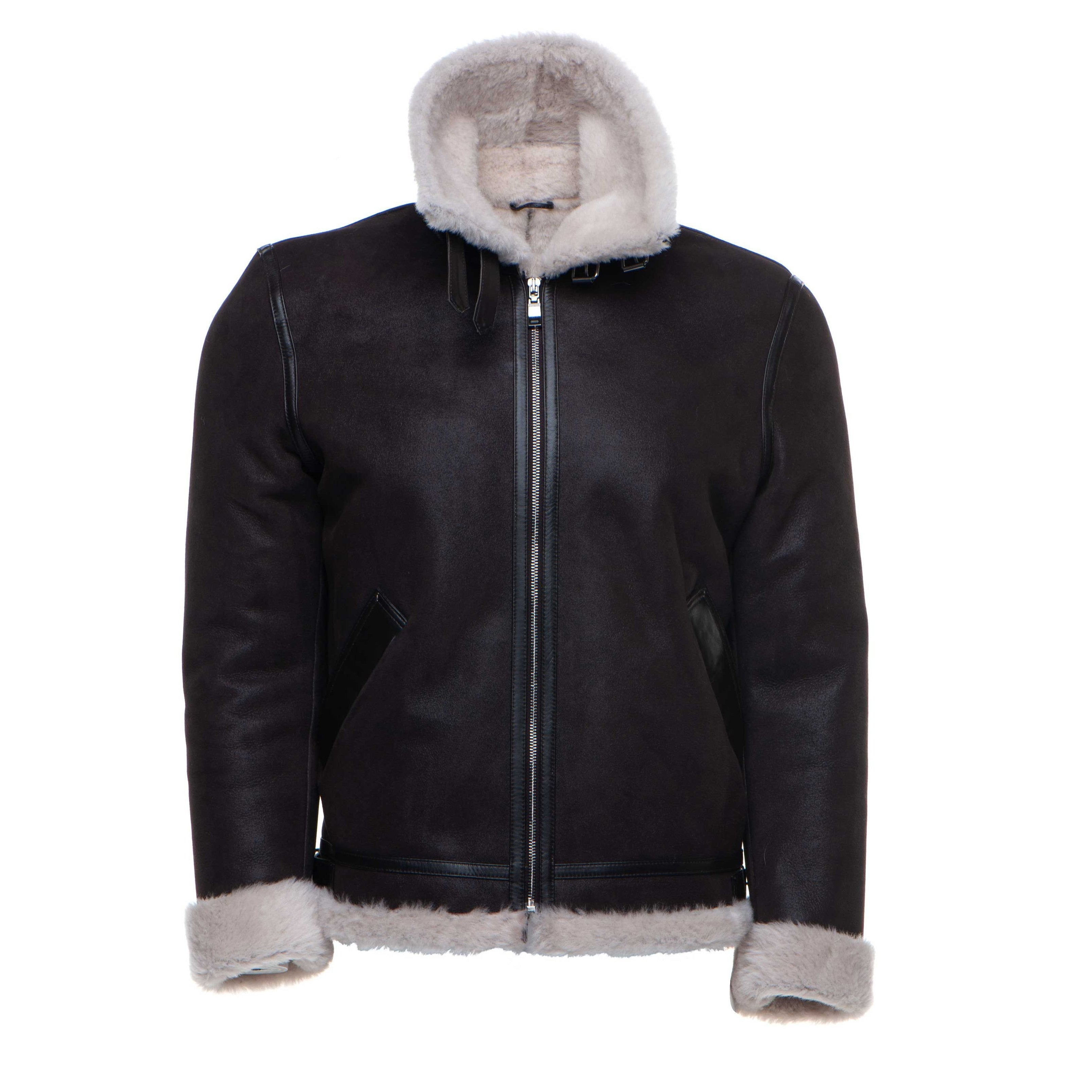 Hamptons Classic Brown Bomber Aviator Shearling Jacket with Collar Belt