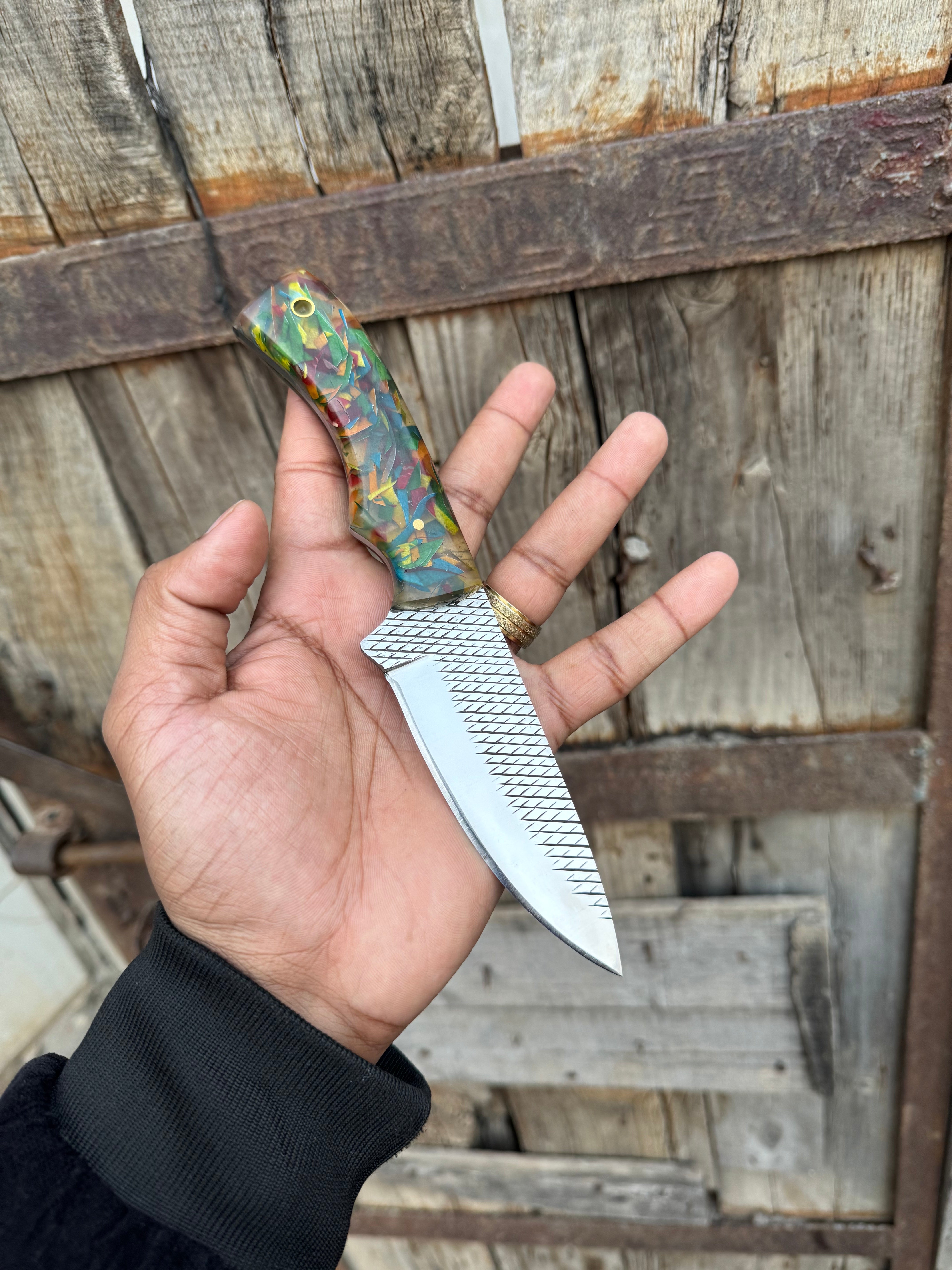 Custom Handmade Fixed Blade Cowboy Knife – Rasp Tool Steel Blade with Resin Handle & Leather Sheath