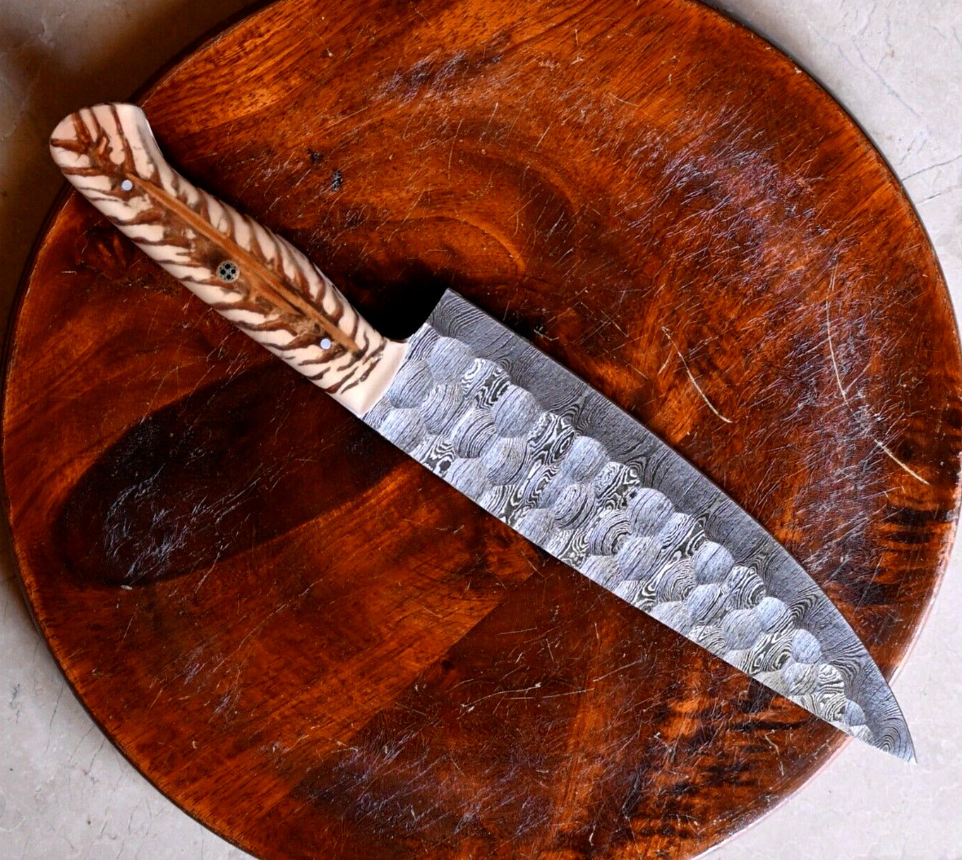Hand-Forged Damascus Steel Chef Knife - 7" Blade, Pain Cone Handle