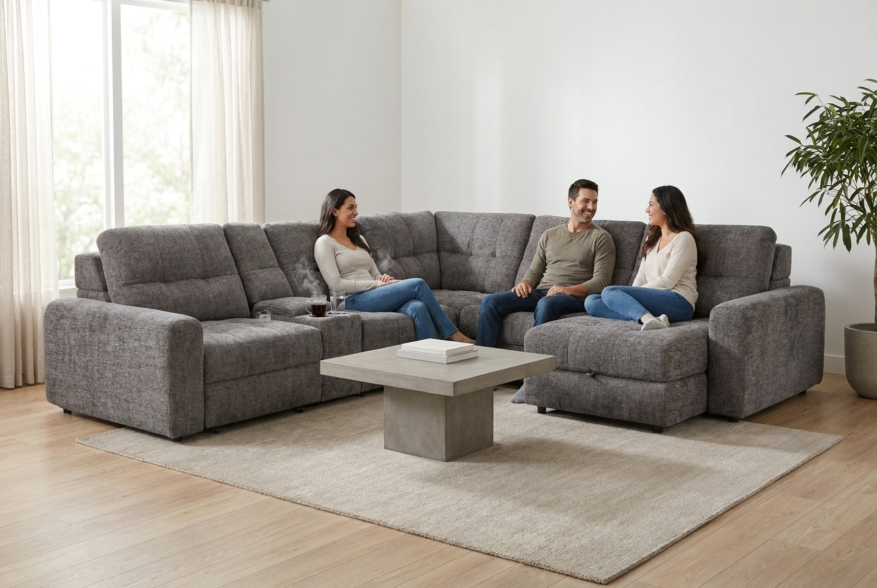 Haven Gunmetal 7-Piece Sleeper Sectional with Sliding Seats and Storage