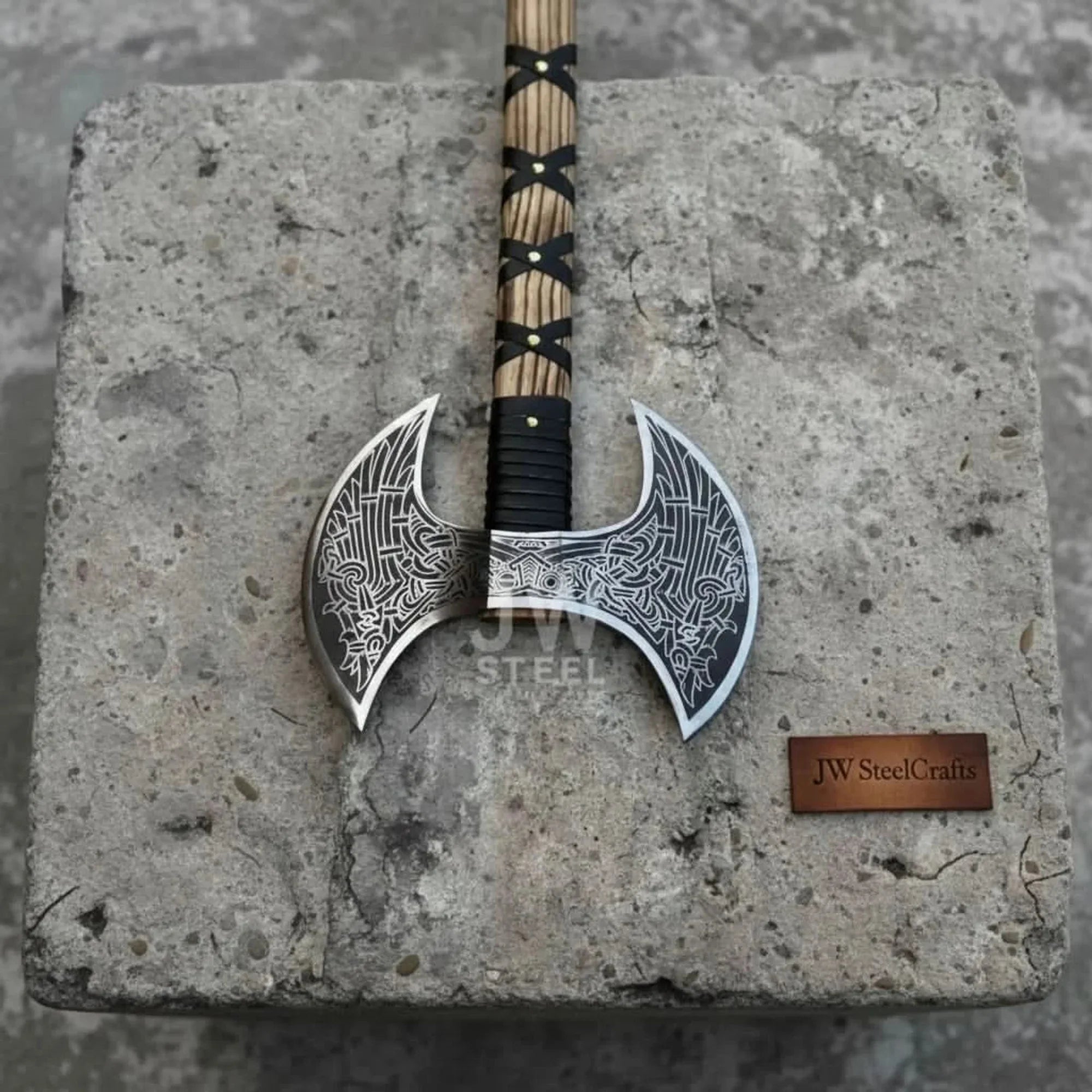 Hand Engraved Double Headed Viking Axe with Nordic Knotwork and Leather Wrapped Handle