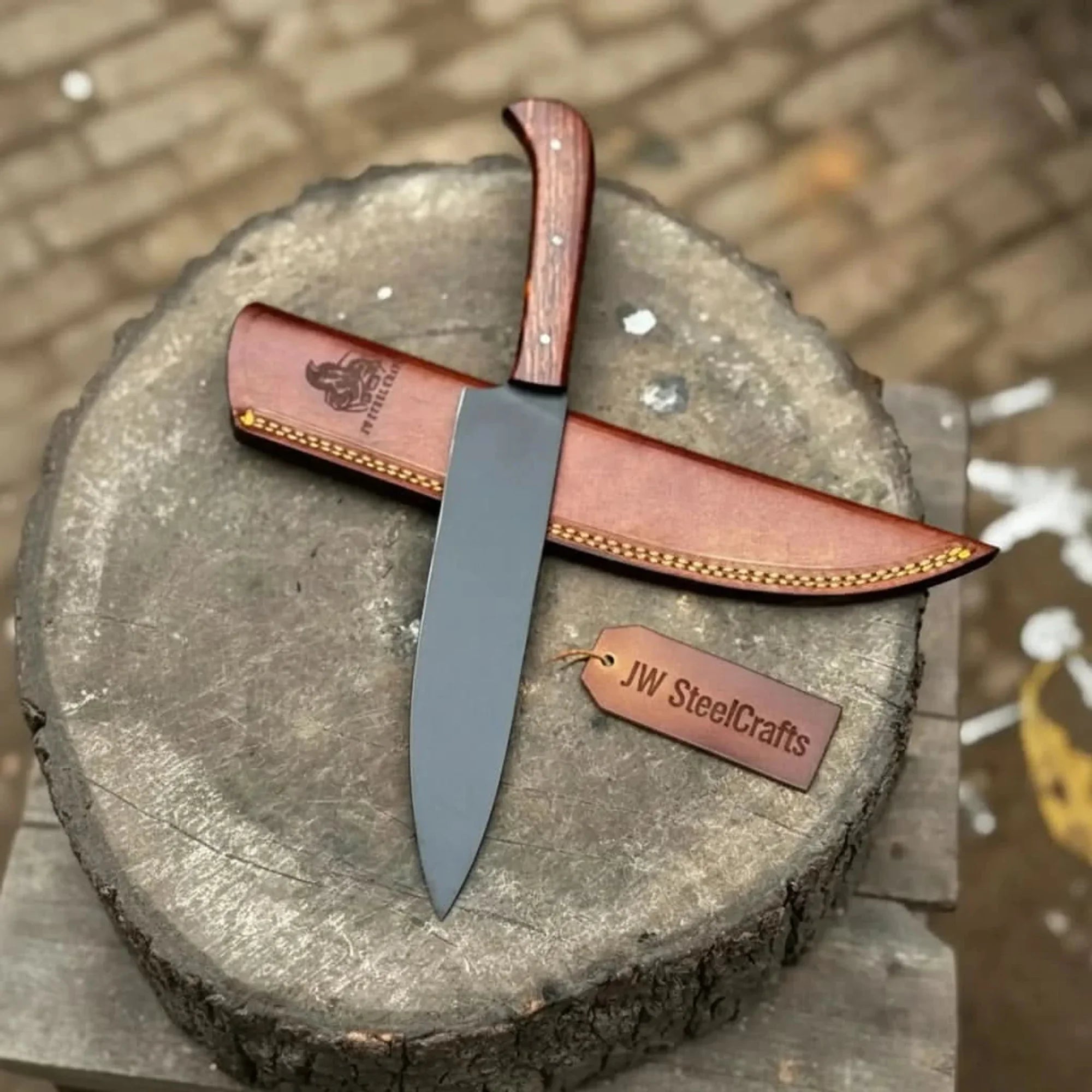 Black Blade Chef Knife Full Tang with Custom Handle & Leather Sheath