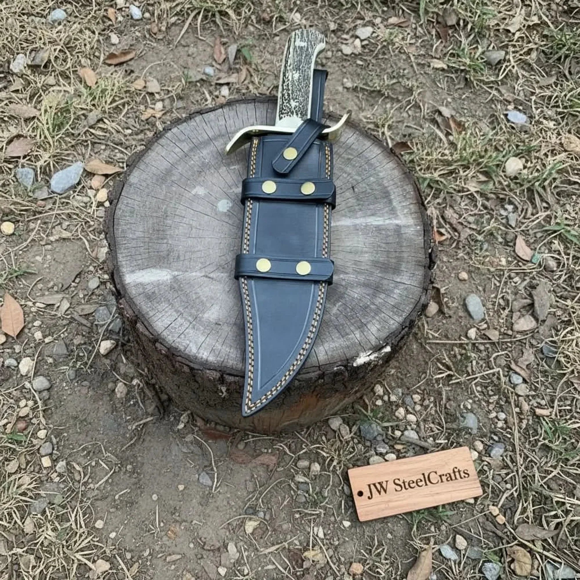 16-Inch Damascus Bowie Knife 11-Inch Blade, Stag Handle, Brass S-Guard & Leather Belt Sheath