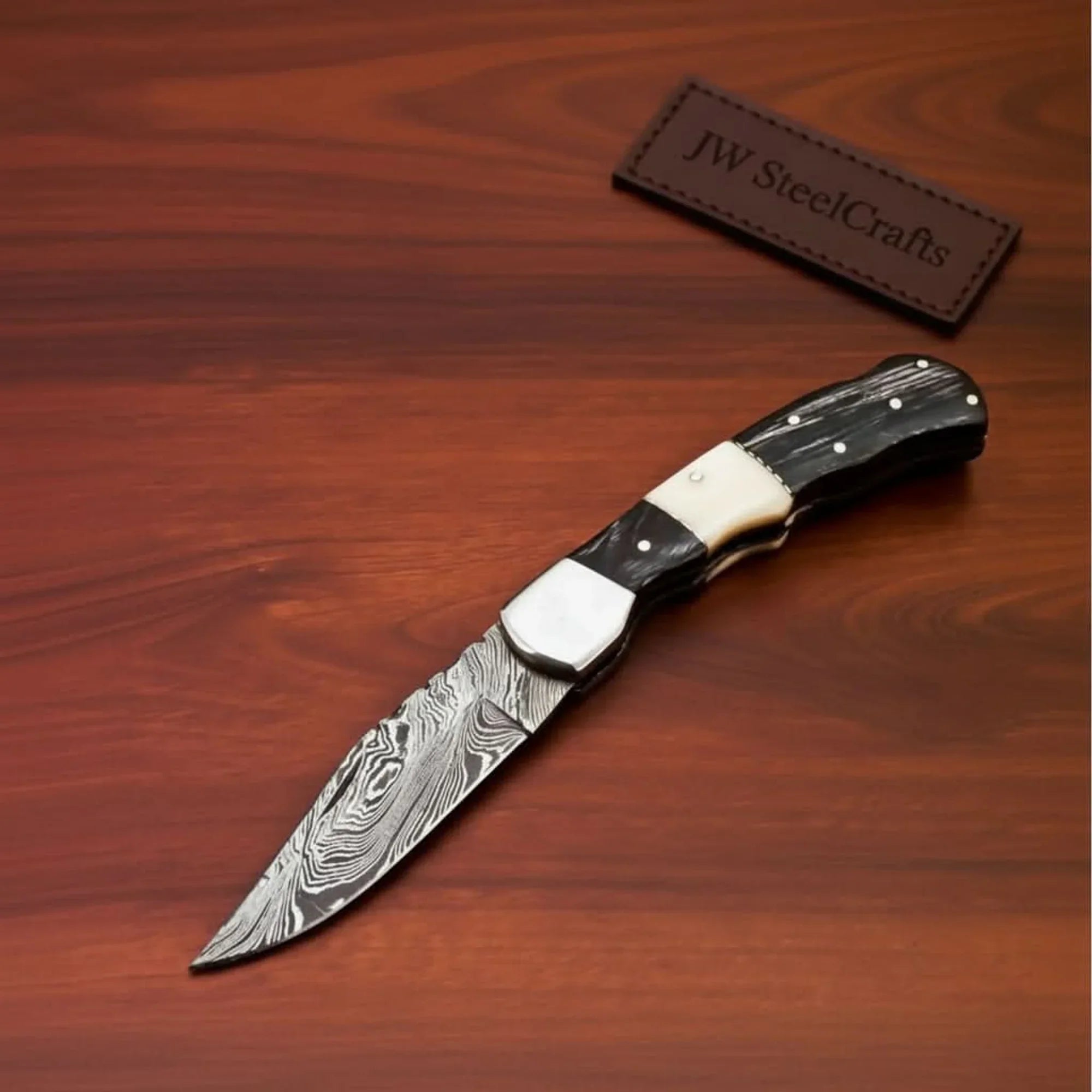 Handmade Damascus Folding Pocket Knife Engraved & Plain Handle Variants | Leather Sheath Included