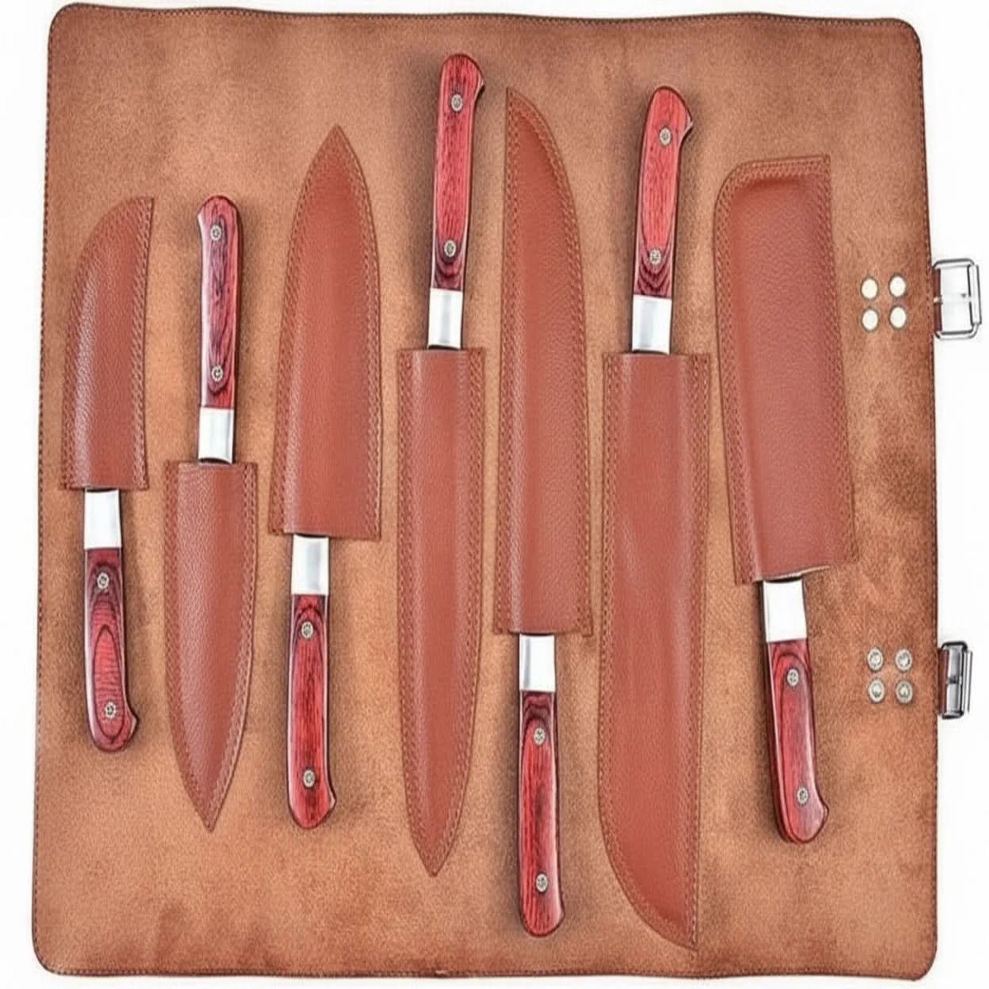 7-Piece Damascus Kitchen Knife Set Chef, Nakiri, Bread Knife and Cleaver, Red Pakka Wood Handles