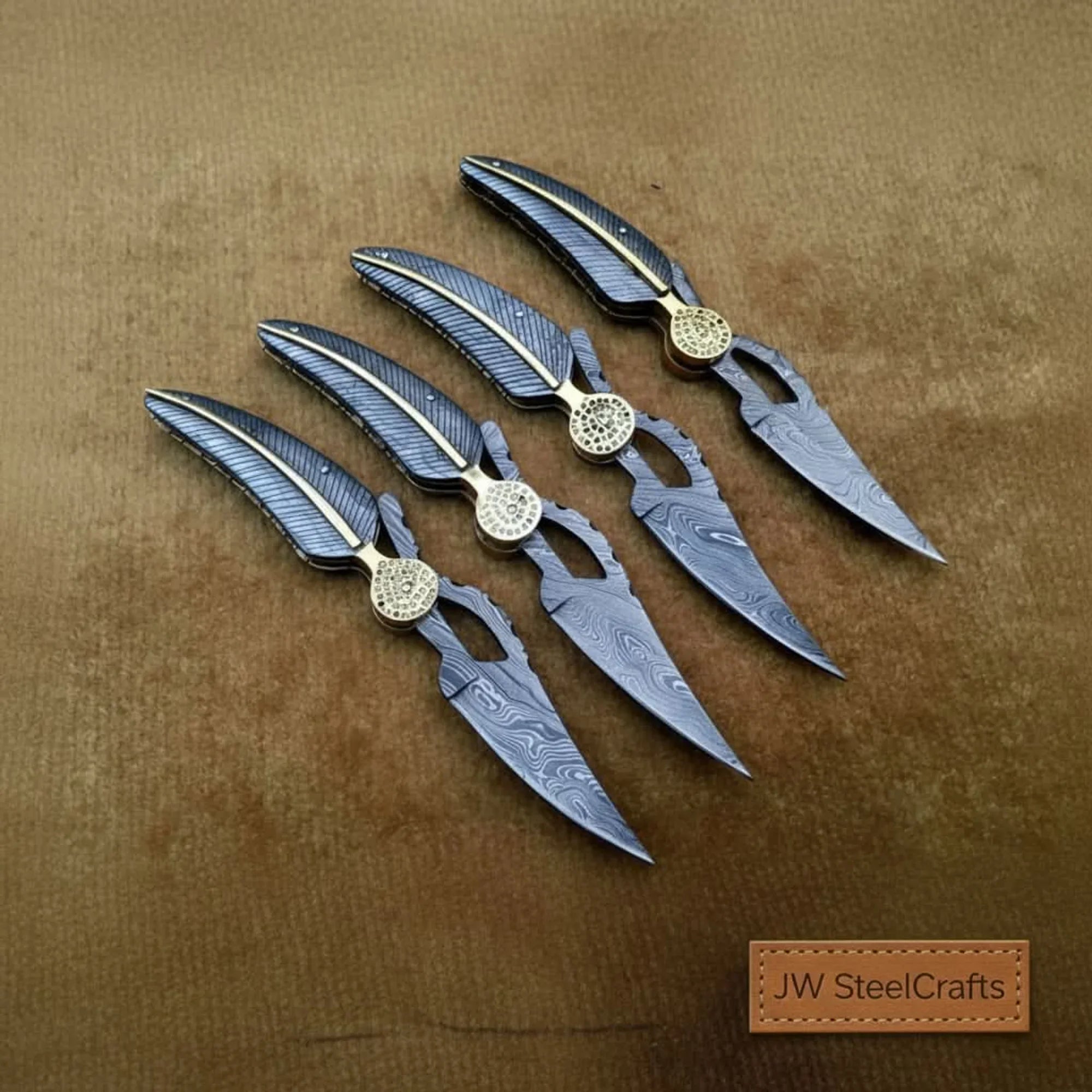Damascus Leaf Folding Knife Set with Brass Accents