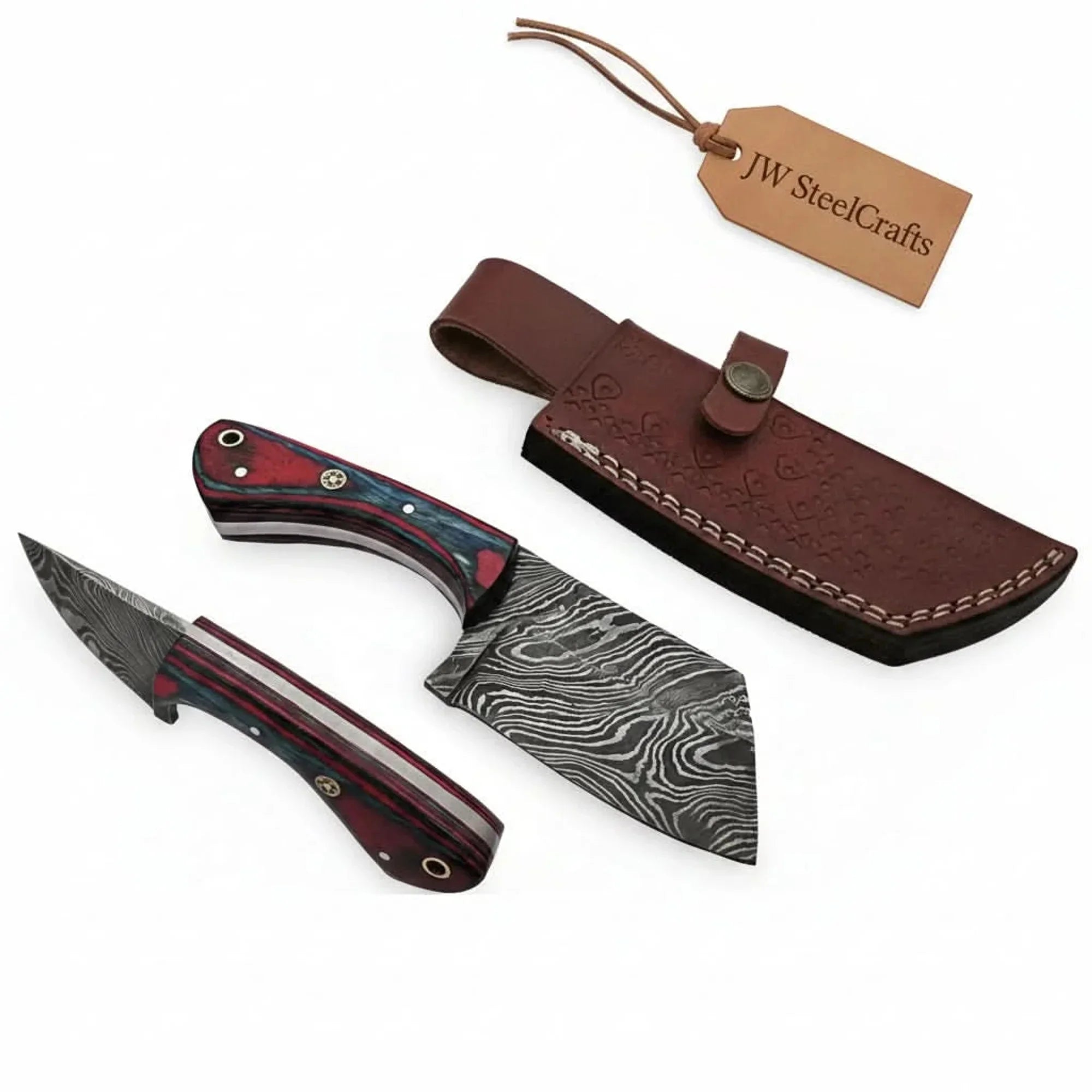 6-Inch Forged Damascus Cleaver Knife Red and Blue Pakka Wood Handle, Mosaic Pin, Lanyard Hole & Tooled Leather Sheath | JW Steel Crafts