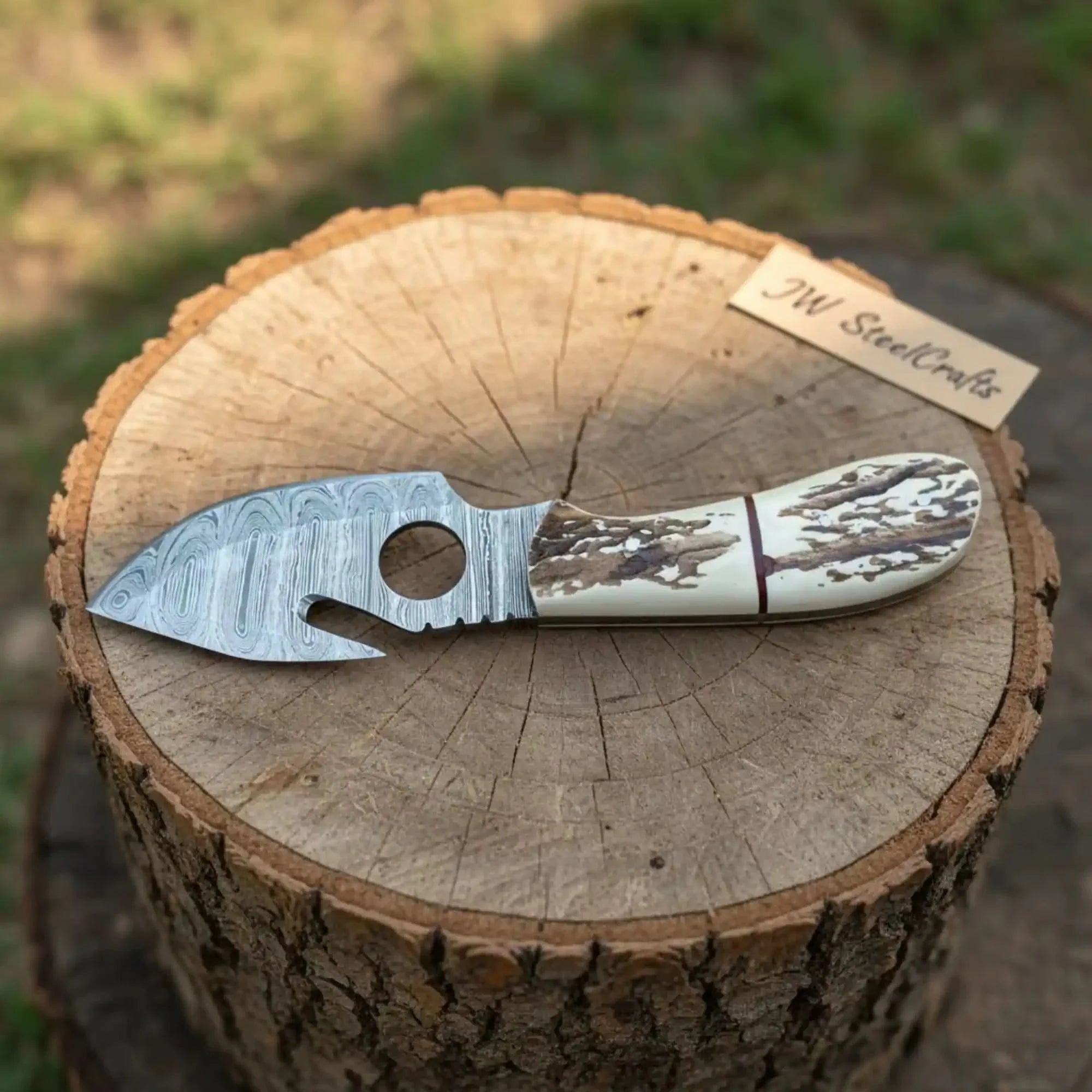 Handmade Damascus Gut Hook Skinner Hunting Knife Fixed Blade Synthetic Stag Handle with Thumb Hole