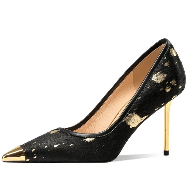 Women Luxury Party Genuine Leather Horsehair High Heels Shoes Sexy New Fashion Pointy Design For Lady Shoes