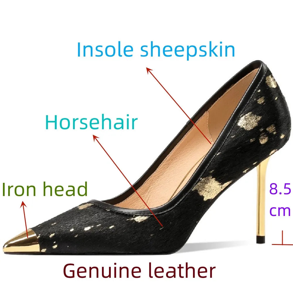 Women Luxury Party Genuine Leather Horsehair High Heels Shoes Sexy New Fashion Pointy Design For Lady Shoes
