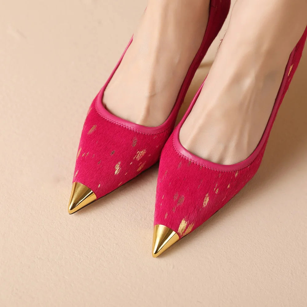 Women Luxury Party Genuine Leather Horsehair High Heels Shoes Sexy New Fashion Pointy Design For Lady Shoes