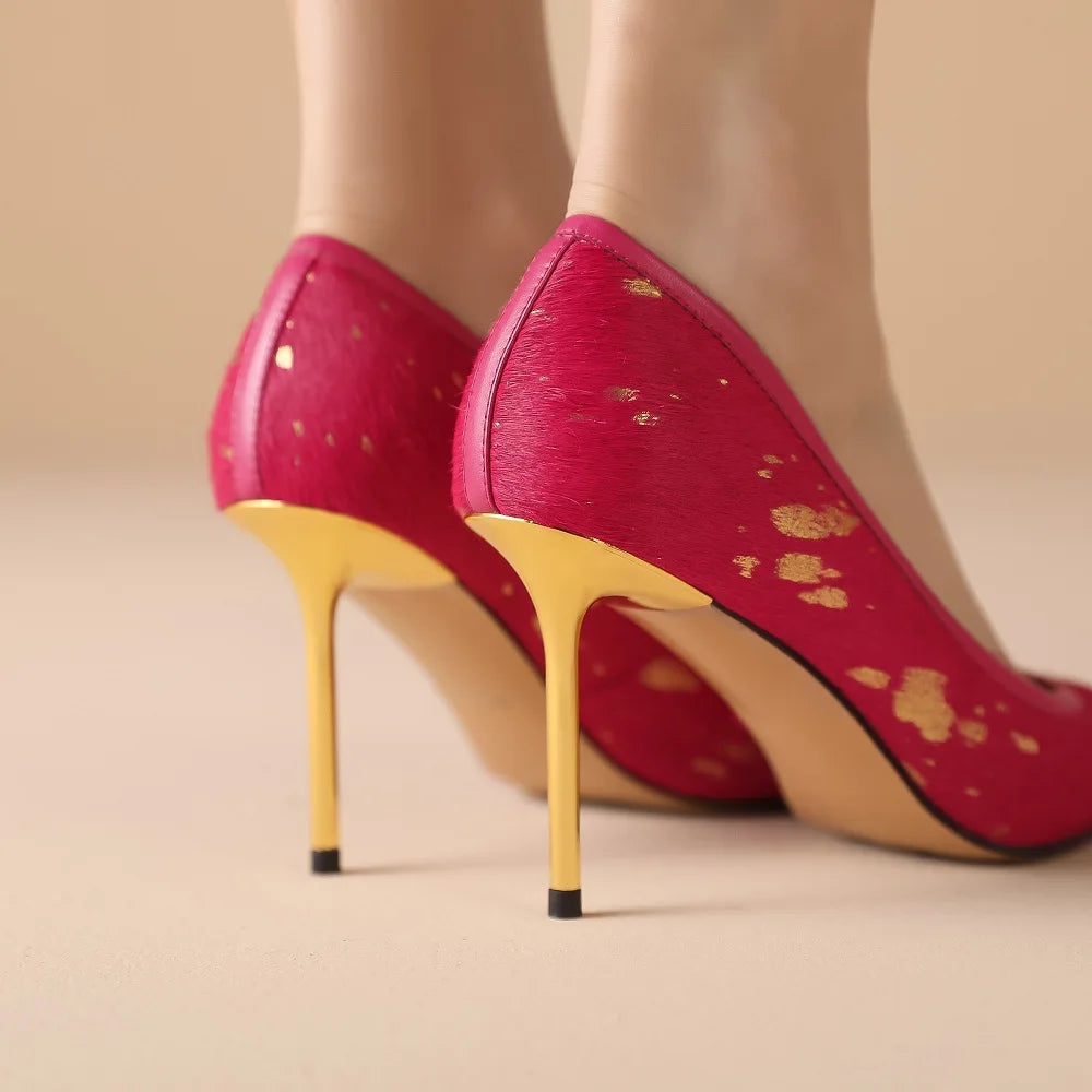 Women Luxury Party Genuine Leather Horsehair High Heels Shoes Sexy New Fashion Pointy Design For Lady Shoes