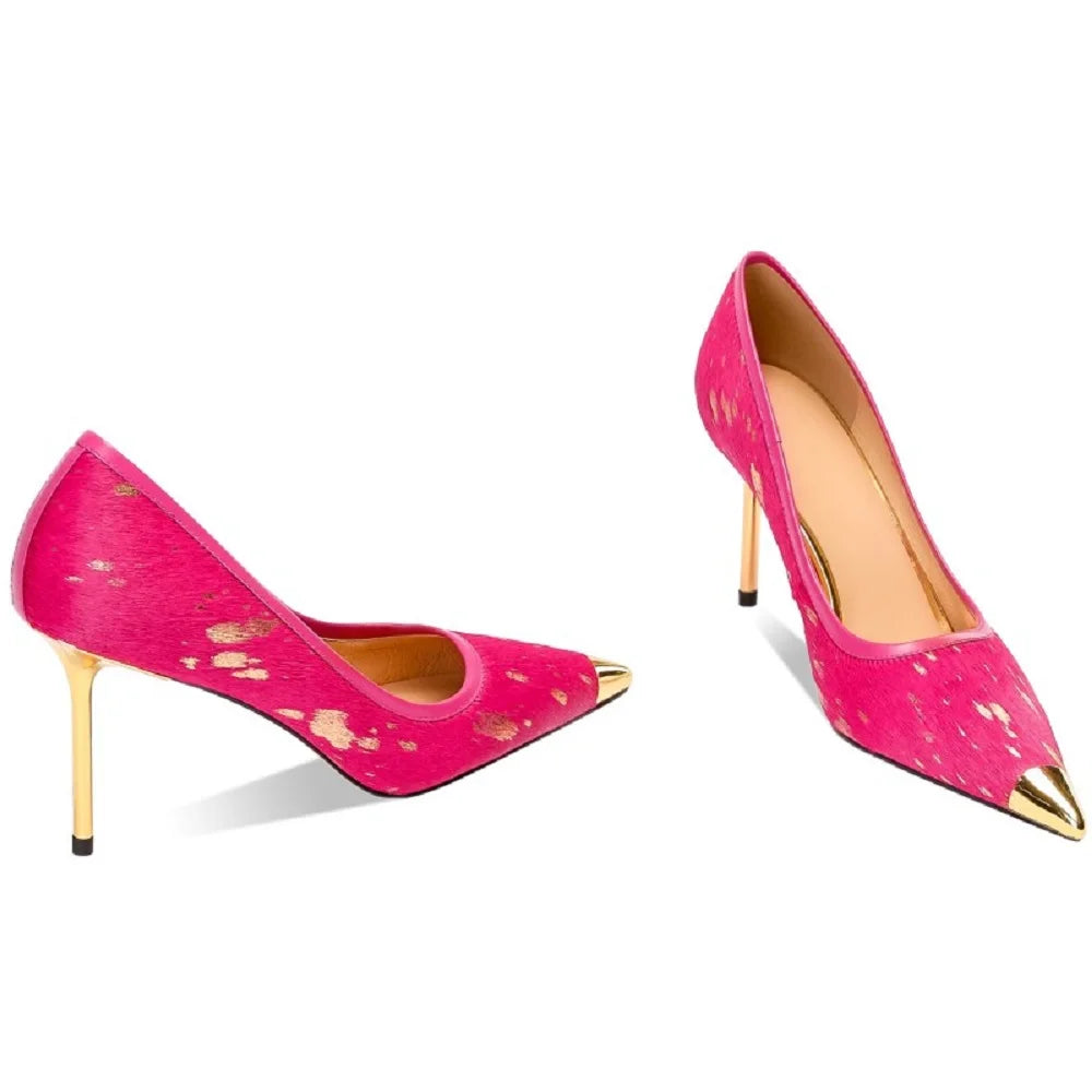 Women Luxury Party Genuine Leather Horsehair High Heels Shoes Sexy New Fashion Pointy Design For Lady Shoes