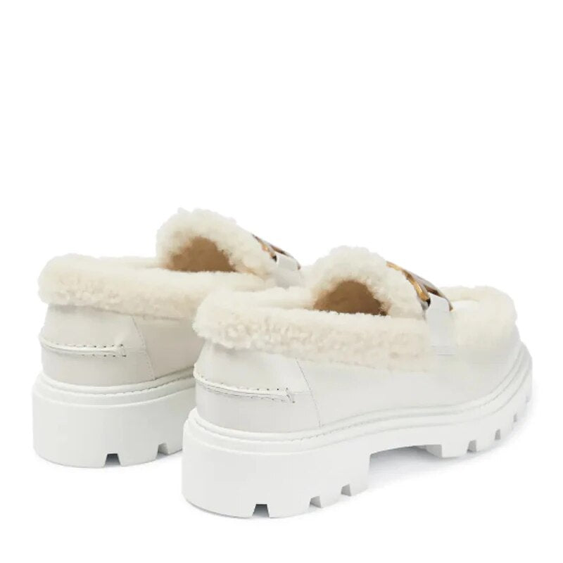 Genuine Leather Plush Flat Heel Women's Shoes